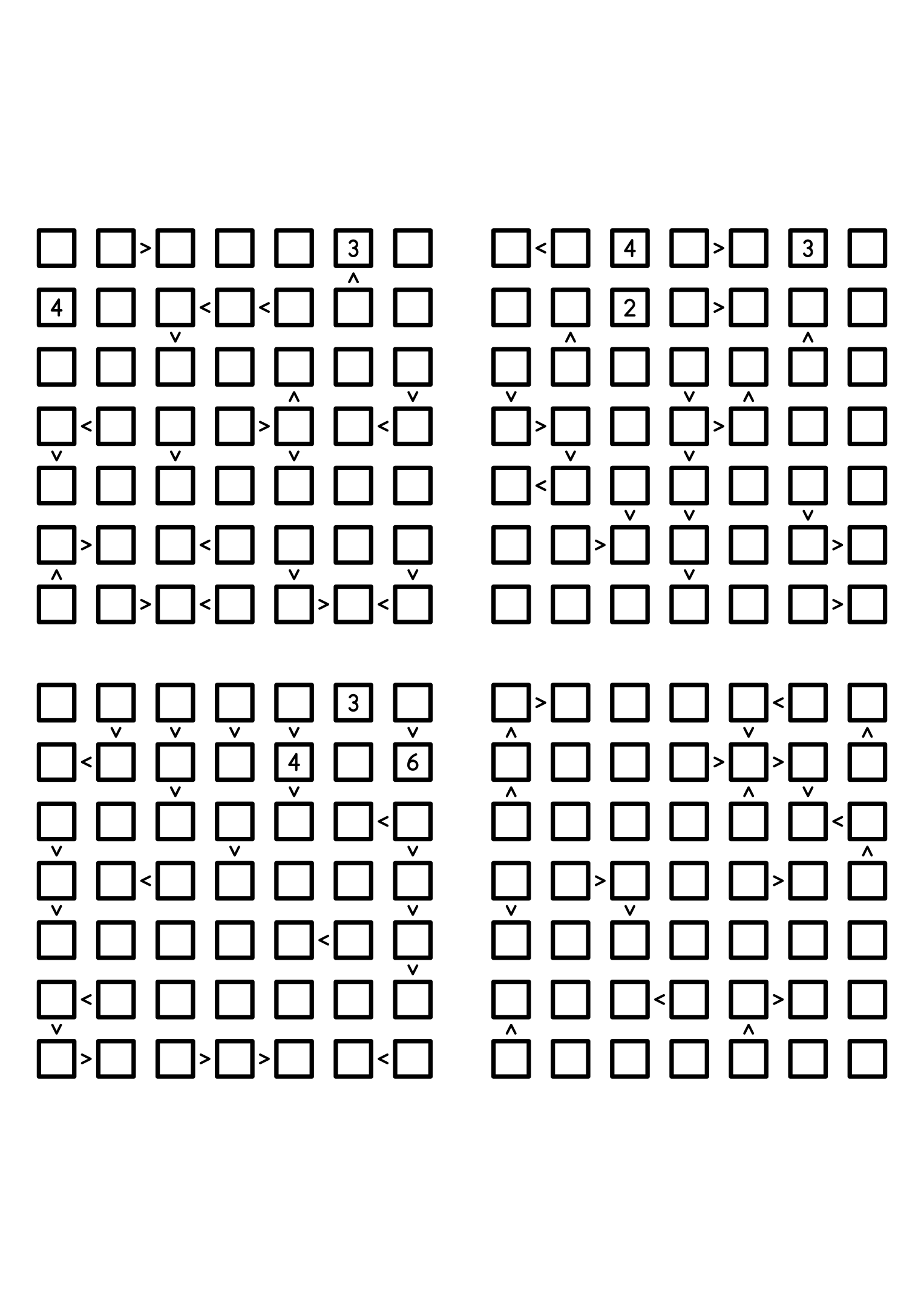 Four medium 7x7 futoshiki grids with few or no given digits and the signs that decide them. Level: Medium, 4 puzzles per page. Variant 8.