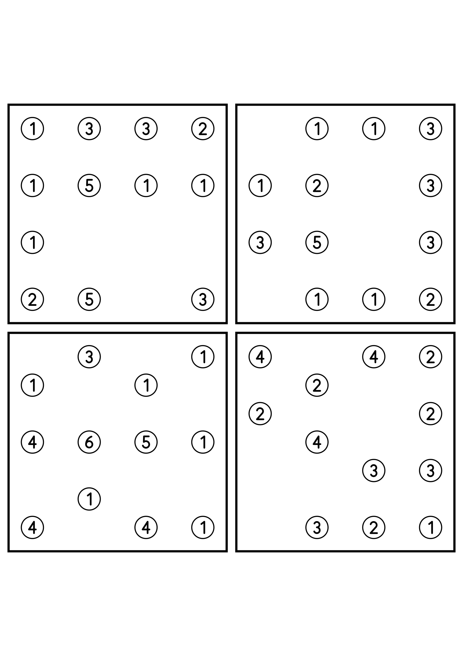 Four medium 7x7 hashi puzzles that need the connection rule. Level: Medium, 4 puzzles per page. Variant 2.