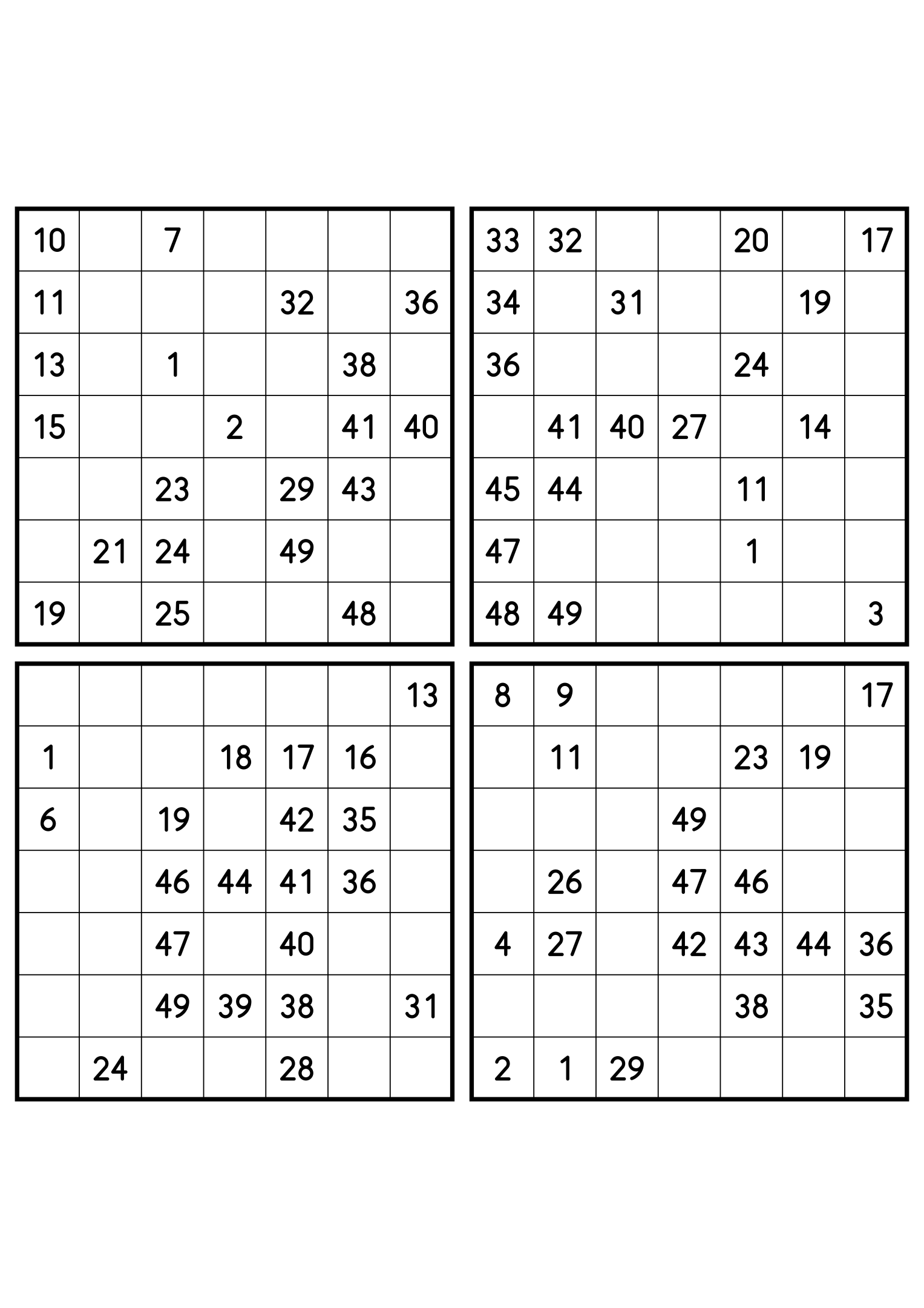 Four medium 7x7 Hidoku grids, 21 numbers given in each. Variant 1.