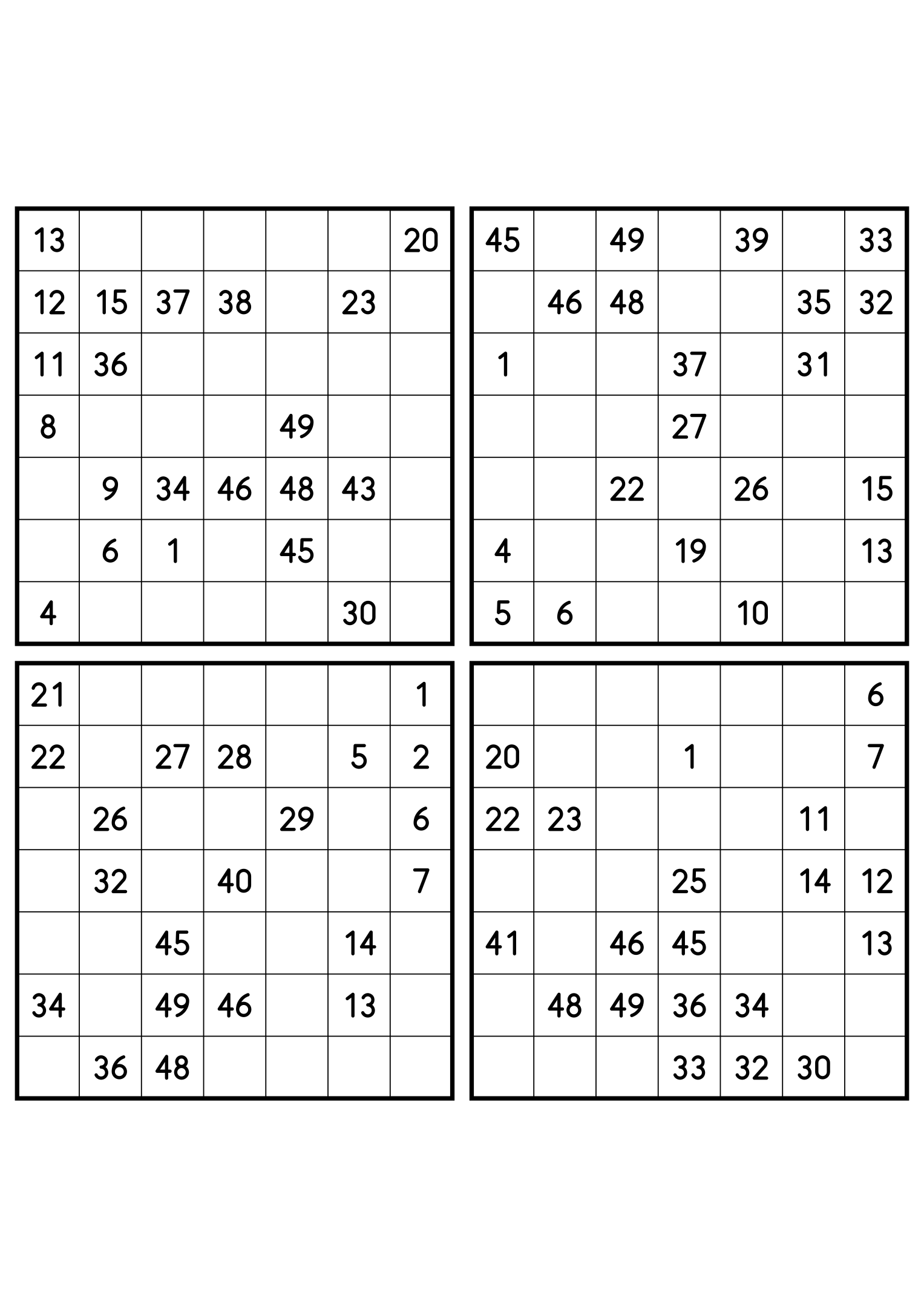 Four medium 7x7 Hidoku grids, 21 numbers given in each. Variant 2.