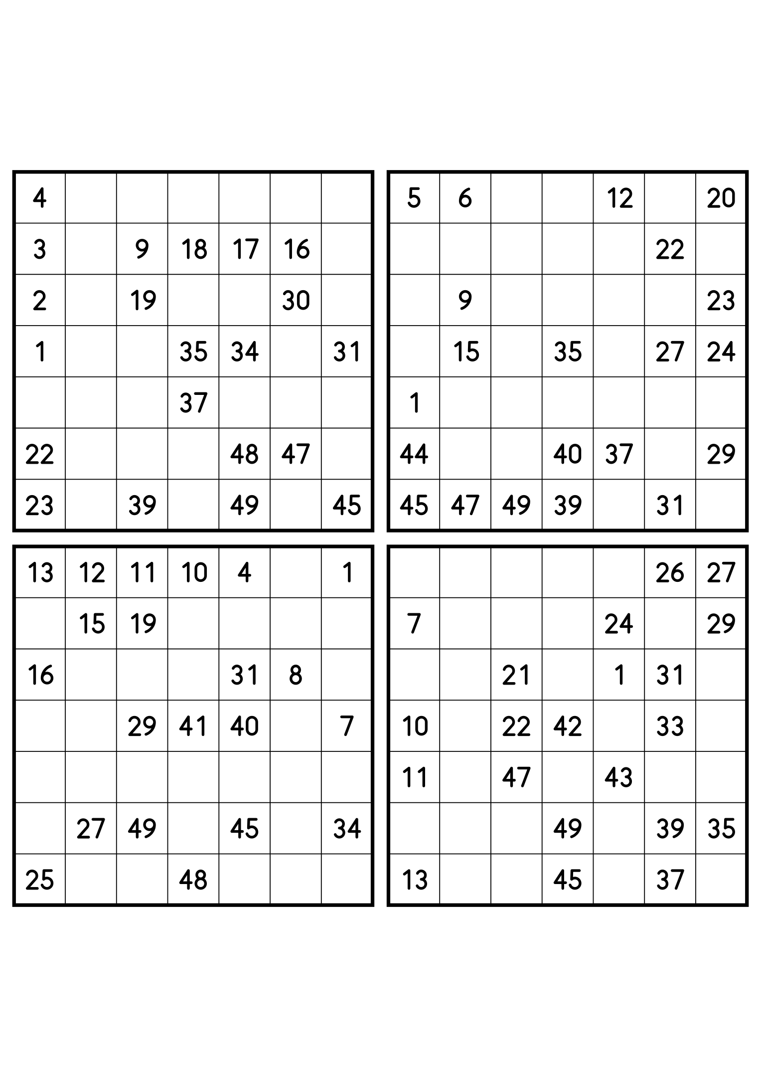 Four medium 7x7 Hidoku grids, 21 numbers given in each. Variant 3.