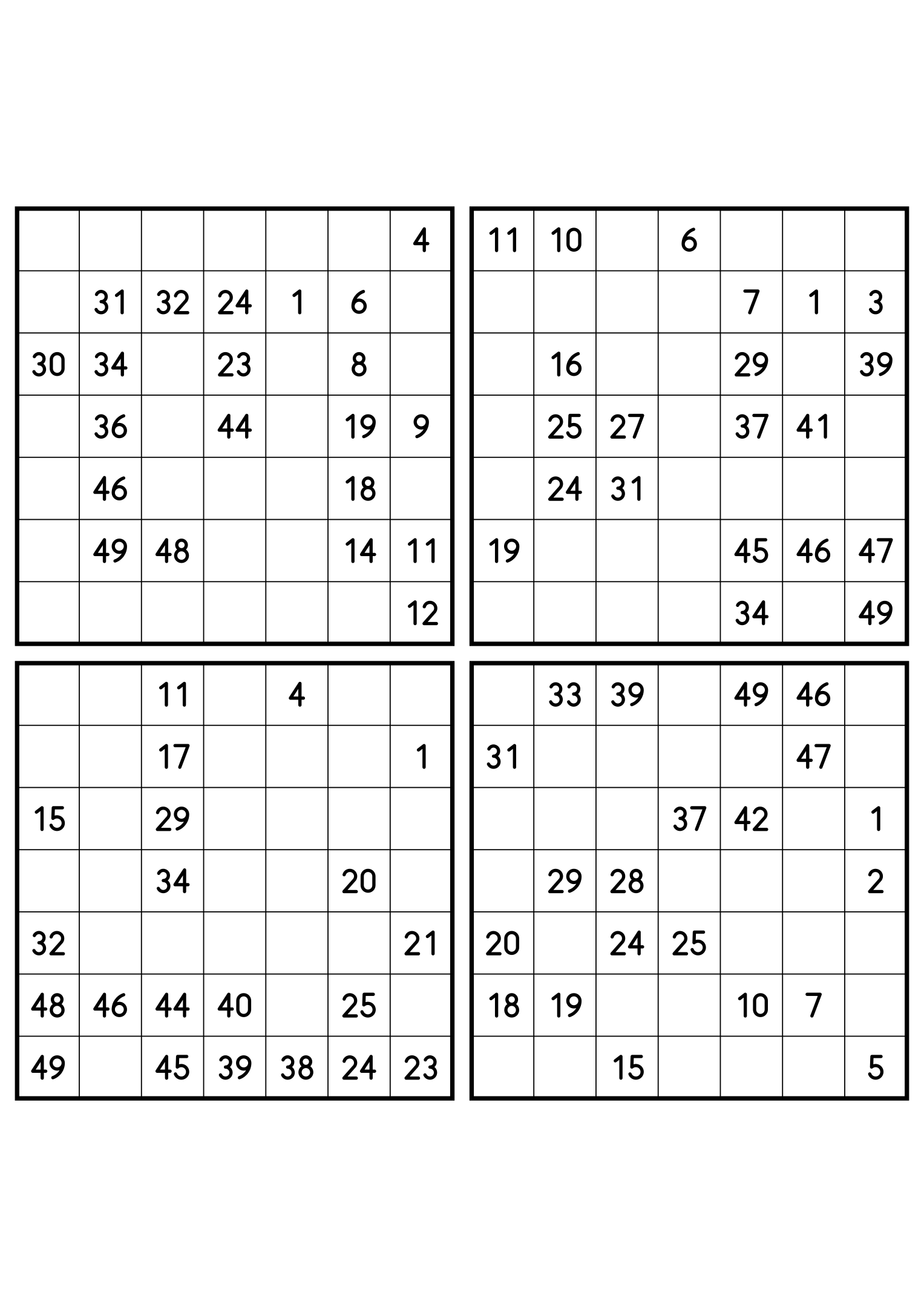 Four medium 7x7 Hidoku grids, 21 numbers given in each. Variant 4.