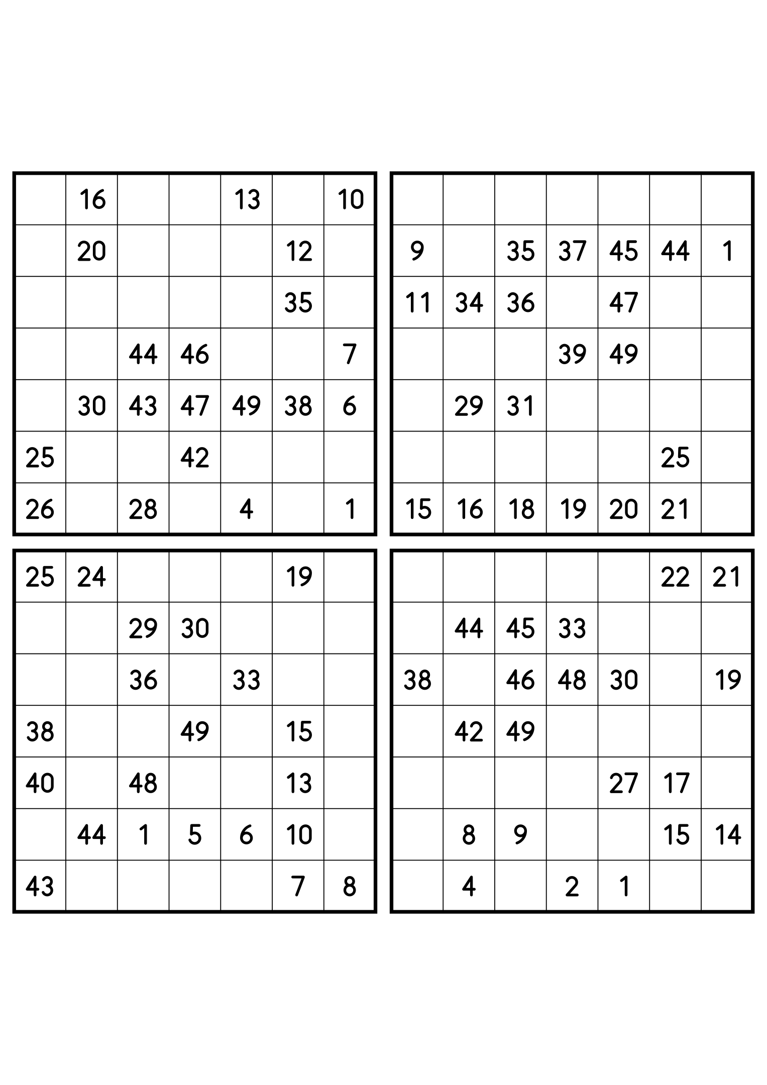 Four medium 7x7 Hidoku grids, 21 numbers given in each. Variant 5.