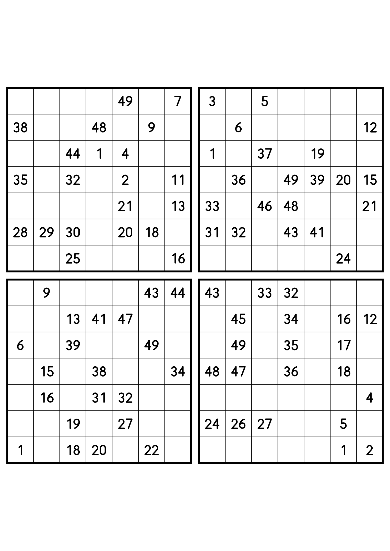 Four medium 7x7 Hidoku grids, 21 numbers given in each. Variant 6.