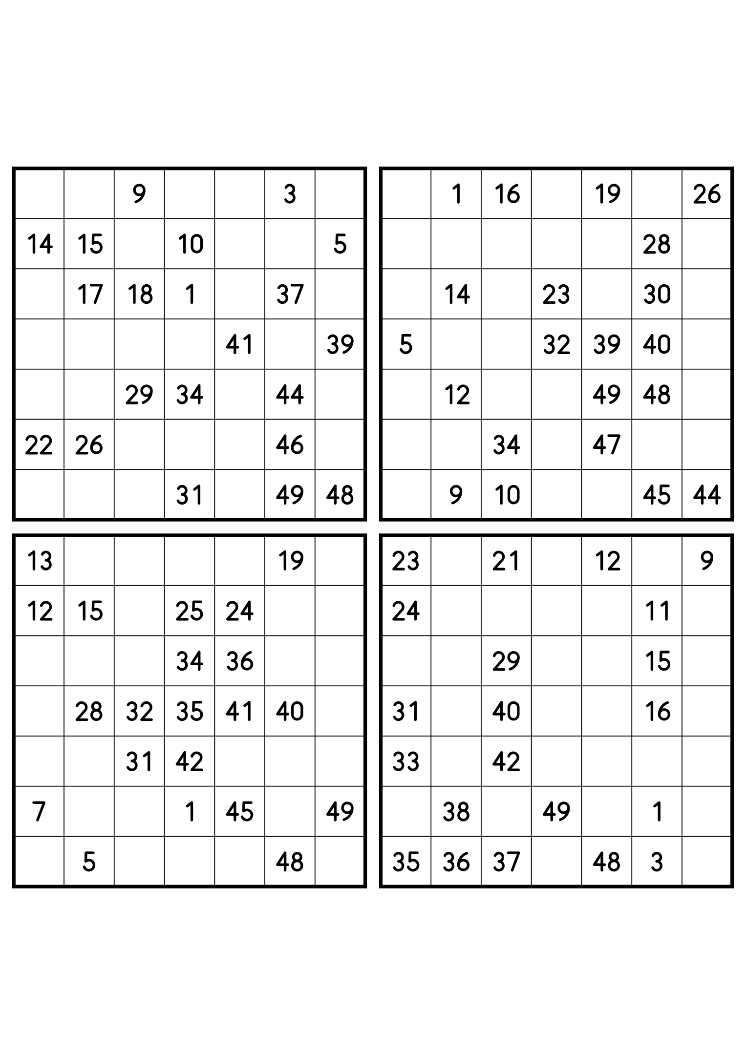 Four medium 7x7 Hidoku grids, 21 numbers given in each. Variant 7.