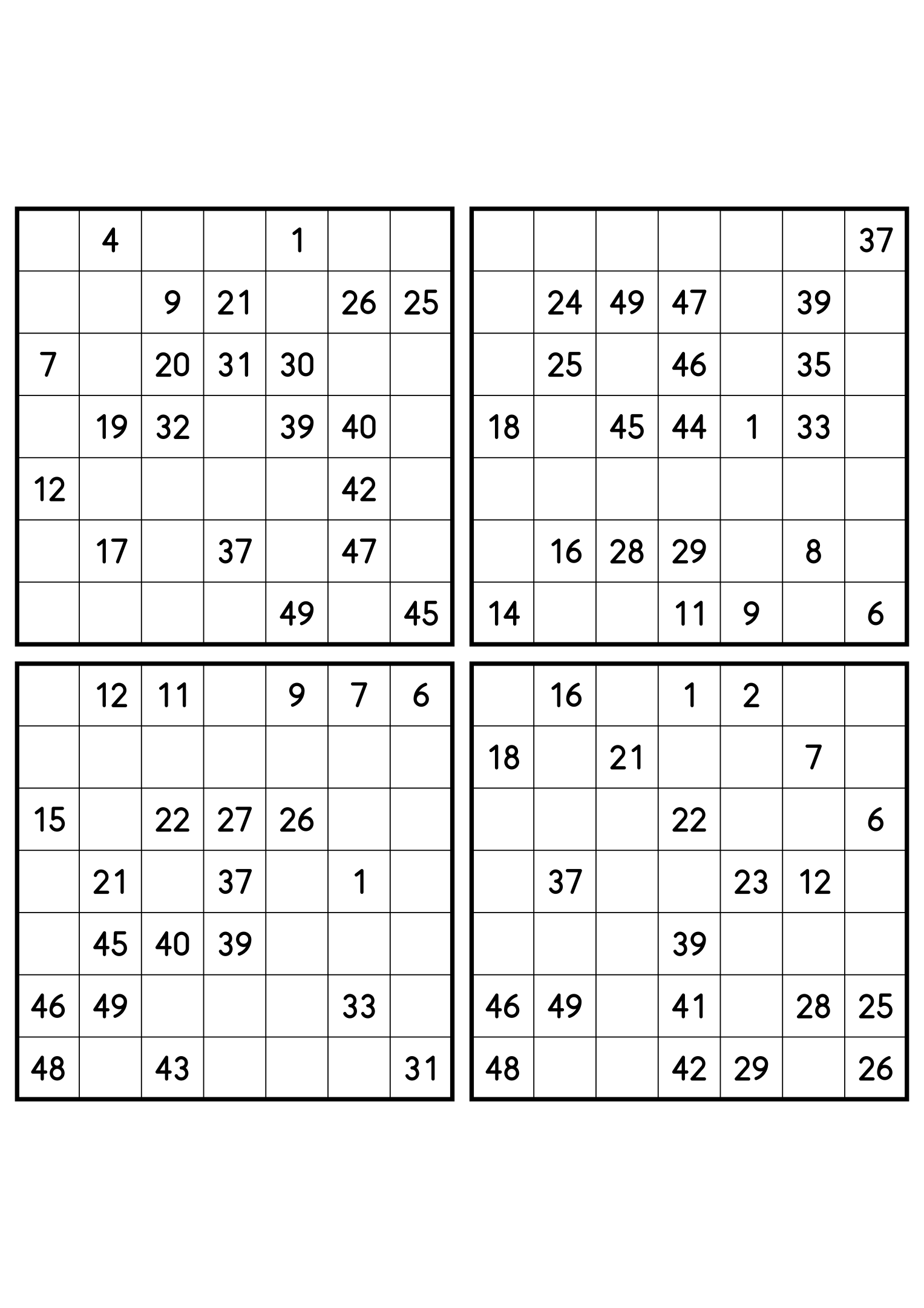 Four medium 7x7 Hidoku grids, 21 numbers given in each. Variant 8.