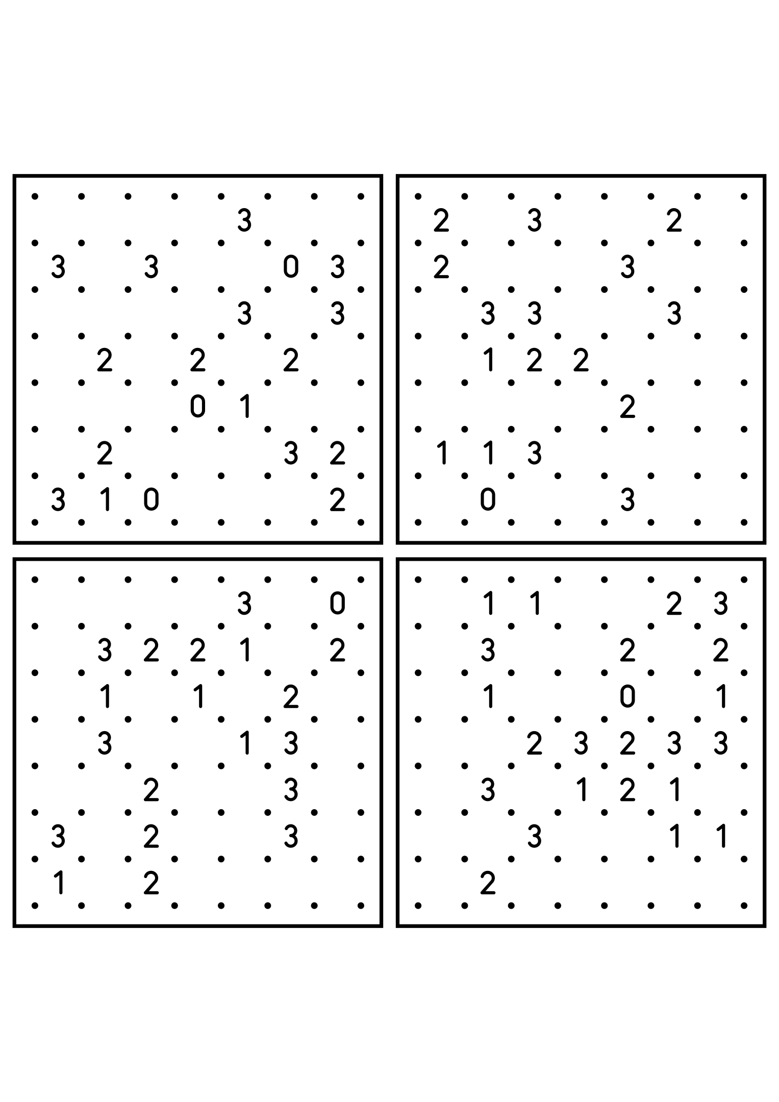 Four medium 7x7 slitherlink grids read with their corner patterns. Level: Medium, 4 puzzles per page. Variant 1.