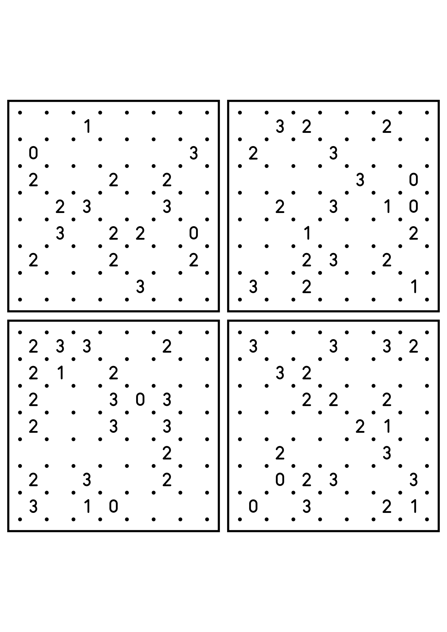 Four medium 7x7 slitherlink grids read with their corner patterns. Level: Medium, 4 puzzles per page. Variant 3.