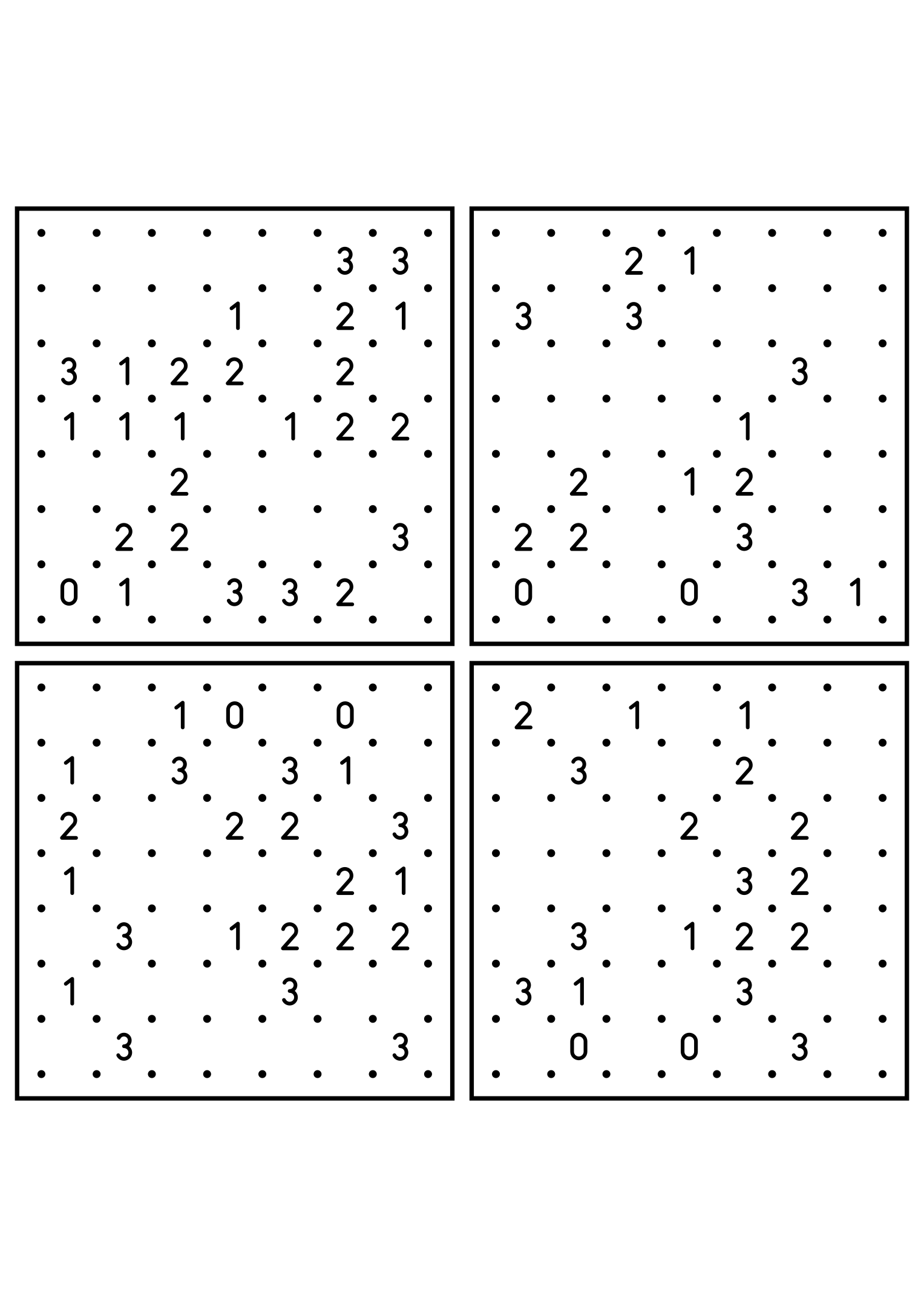 Four medium 7x7 slitherlink grids read with their corner patterns. Level: Medium, 4 puzzles per page. Variant 8.