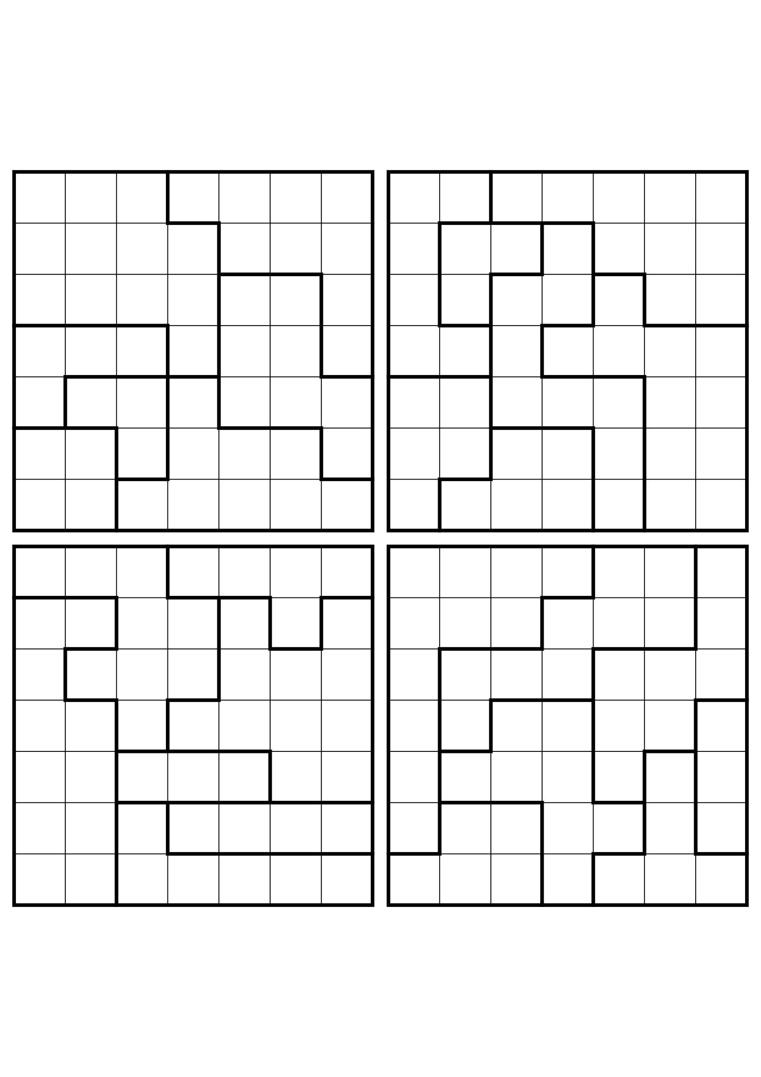 Four medium 7x7 star battle grids that need regions read together. Level: Medium, 4 puzzles per page. Variant 1.