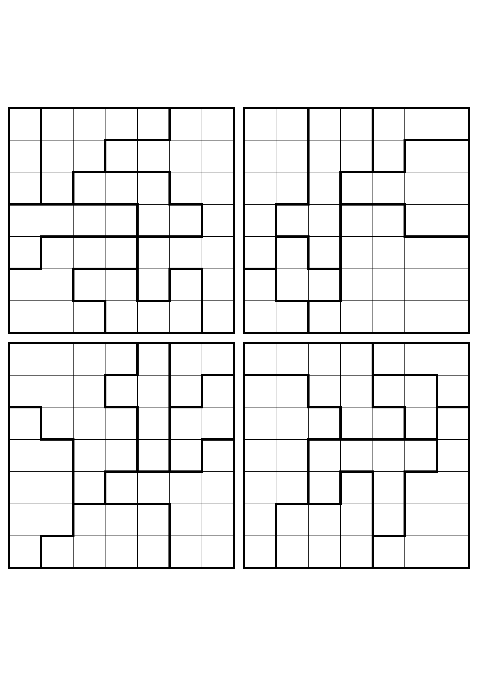Four medium 7x7 star battle grids that need regions read together. Level: Medium, 4 puzzles per page. Variant 7.