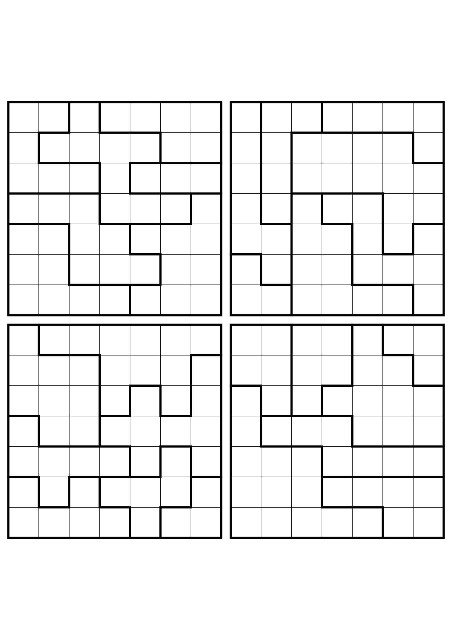 Four medium 7x7 star battle grids that need regions read together. Level: Medium, 4 puzzles per page. Variant 8.