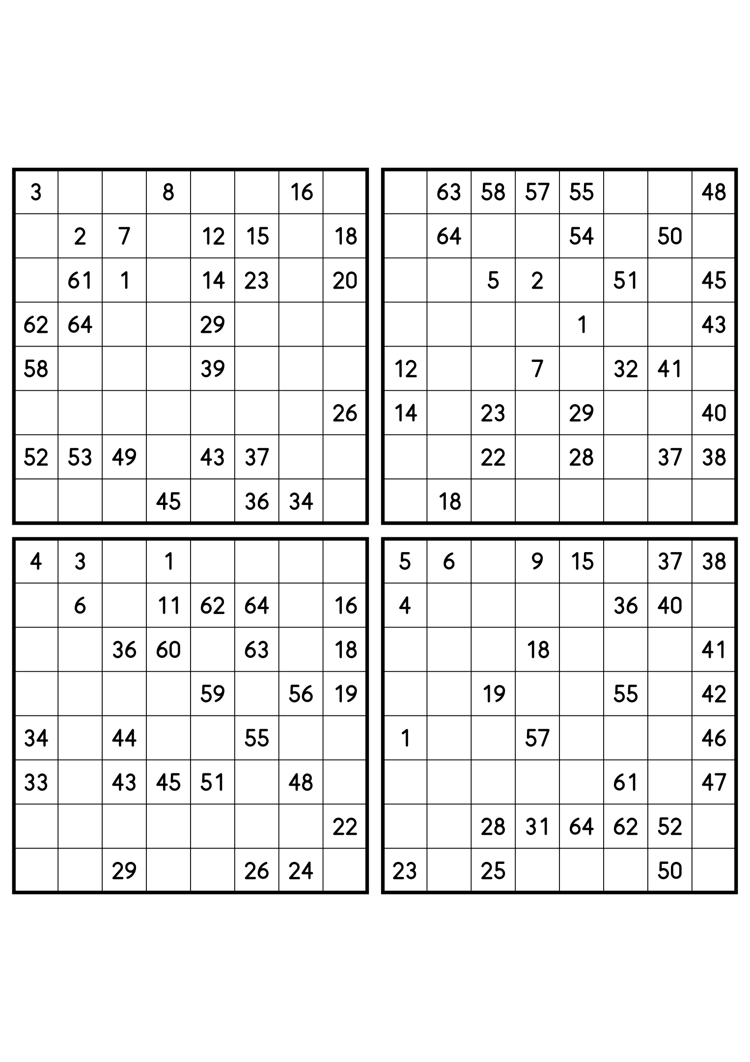 Four medium 8x8 Hidoku grids, 27 numbers given in each. Variant 1.