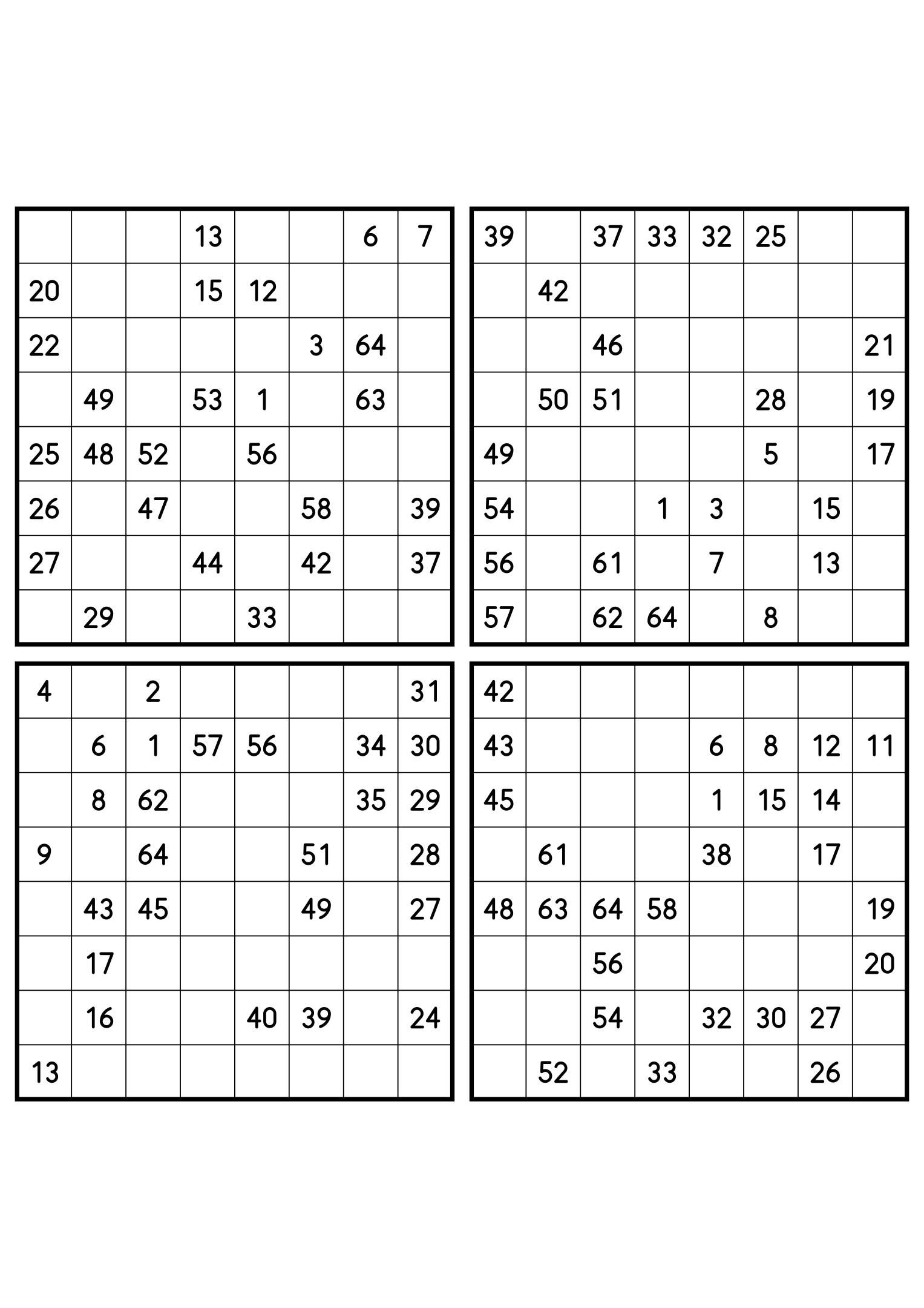 Four medium 8x8 Hidoku grids, 27 numbers given in each. Variant 2.