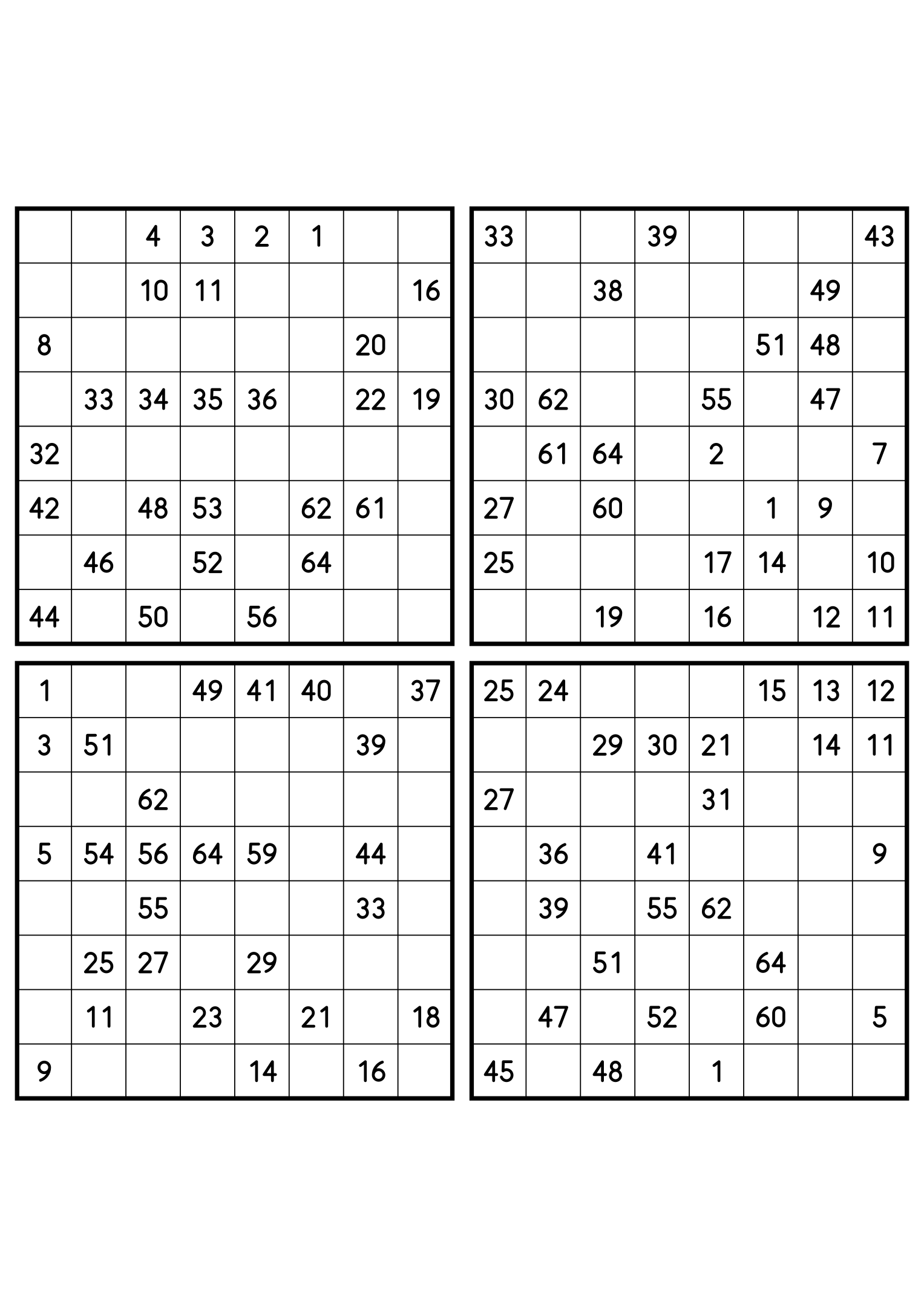 Four medium 8x8 Hidoku grids, 27 numbers given in each. Variant 3.