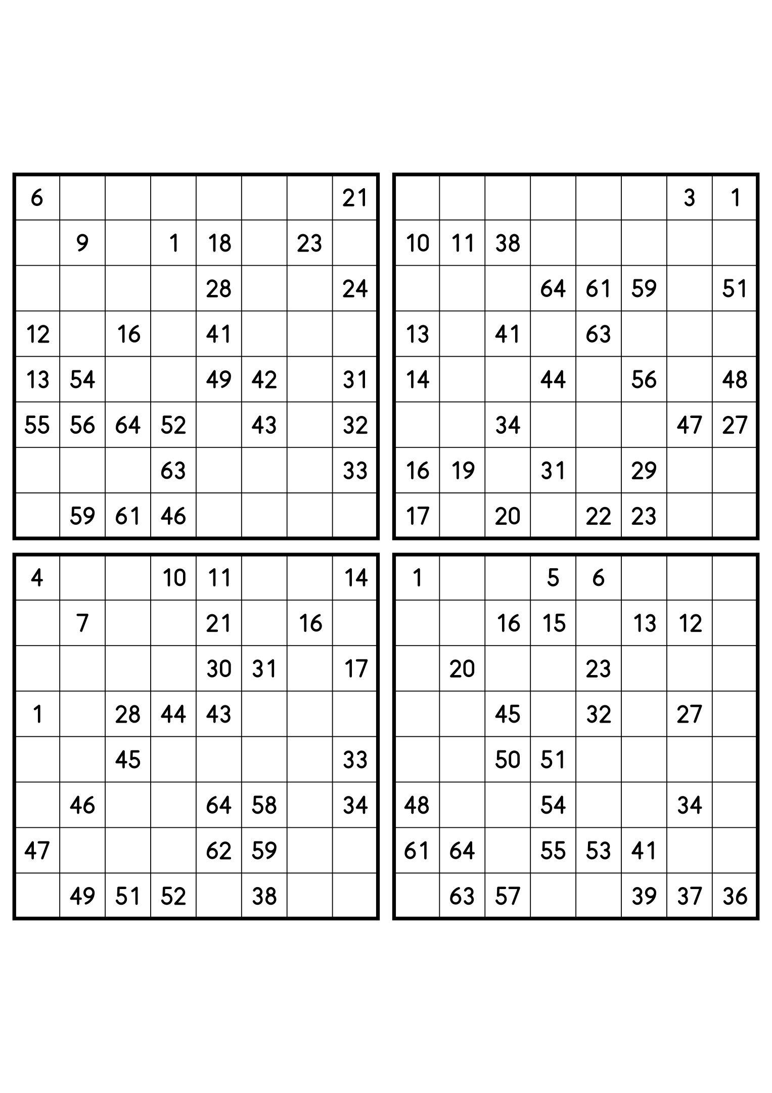 Four medium 8x8 Hidoku grids, 27 numbers given in each. Variant 4.