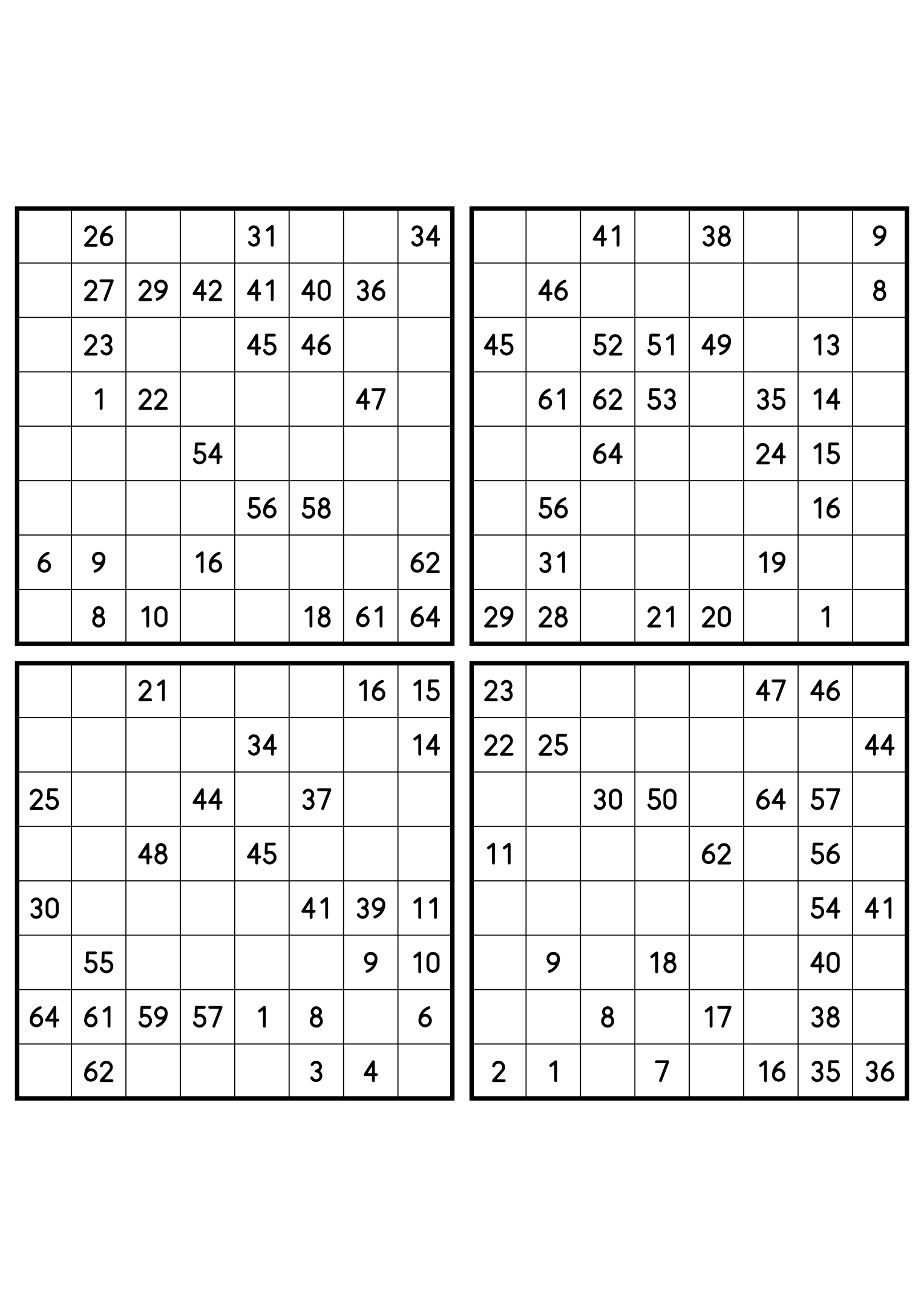 Four medium 8x8 Hidoku grids, 27 numbers given in each. Variant 5.