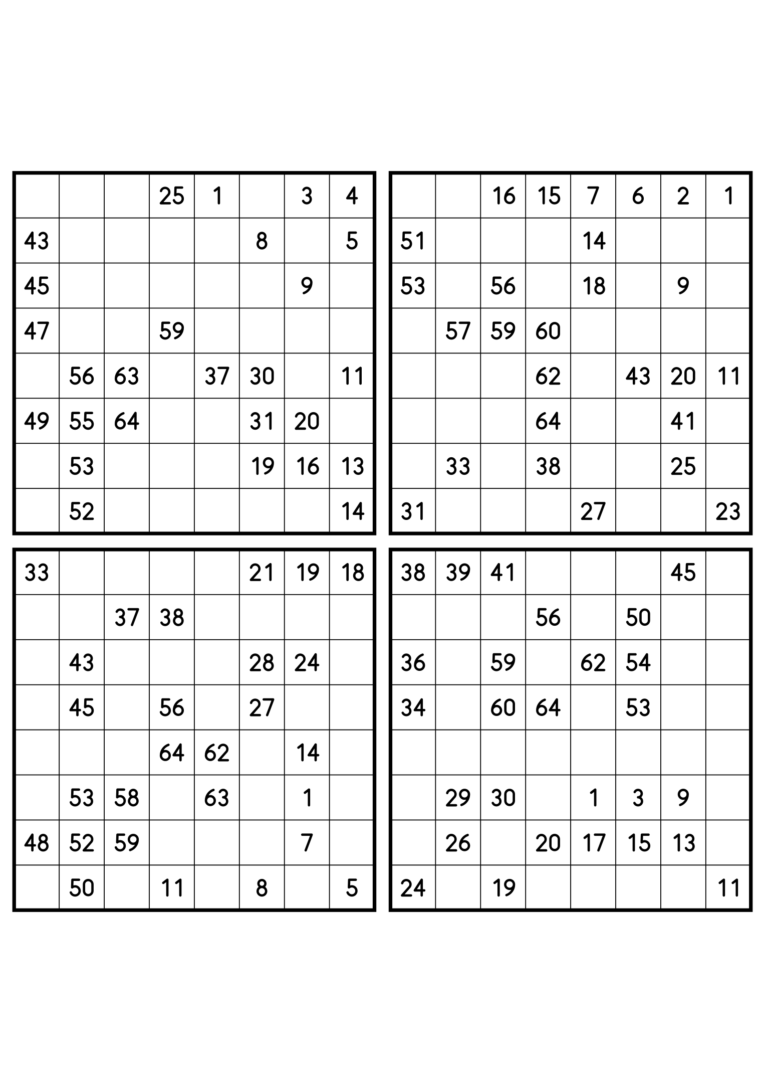 Four medium 8x8 Hidoku grids, 27 numbers given in each. Variant 6.