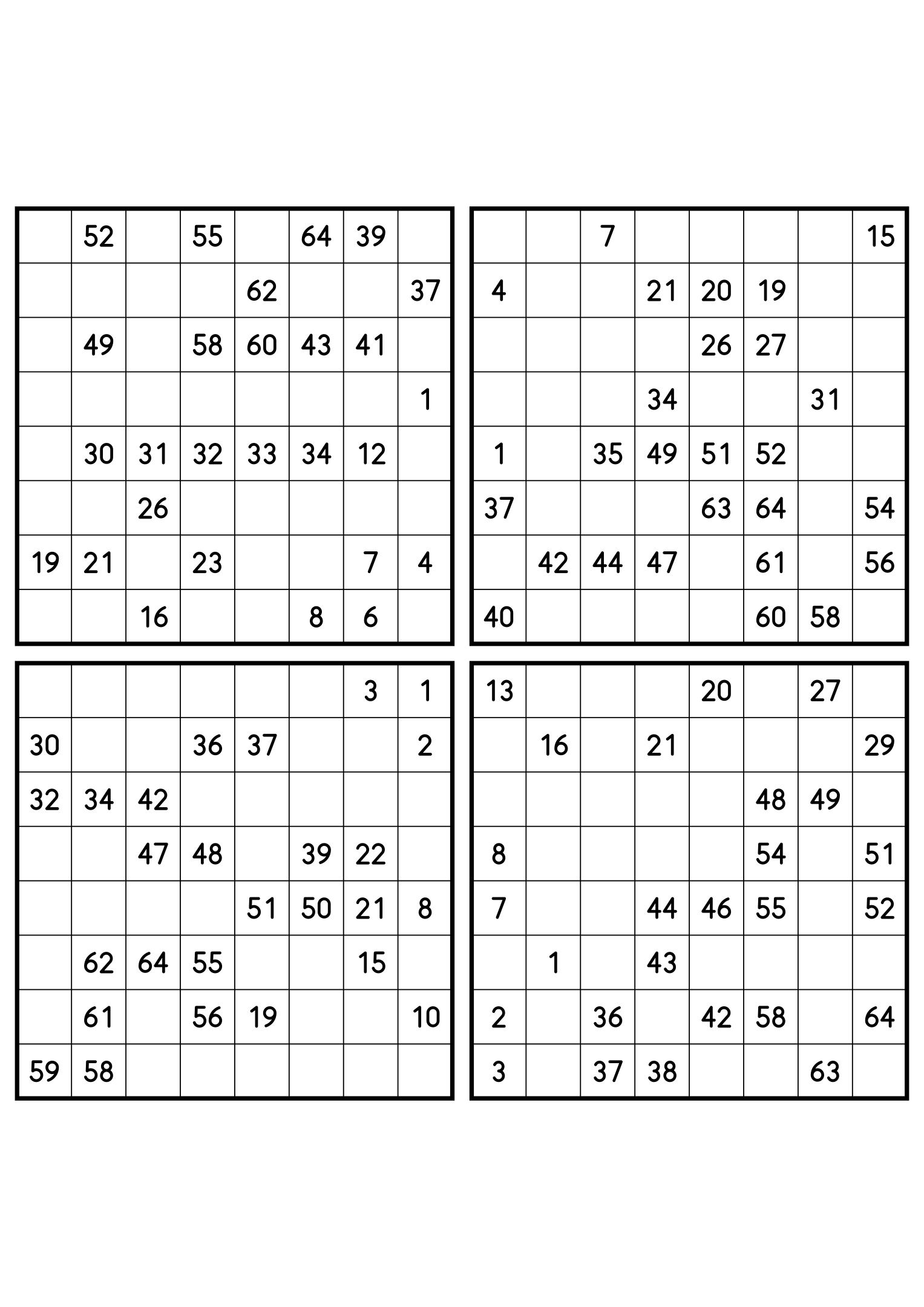 Four medium 8x8 Hidoku grids, 27 numbers given in each. Variant 7.