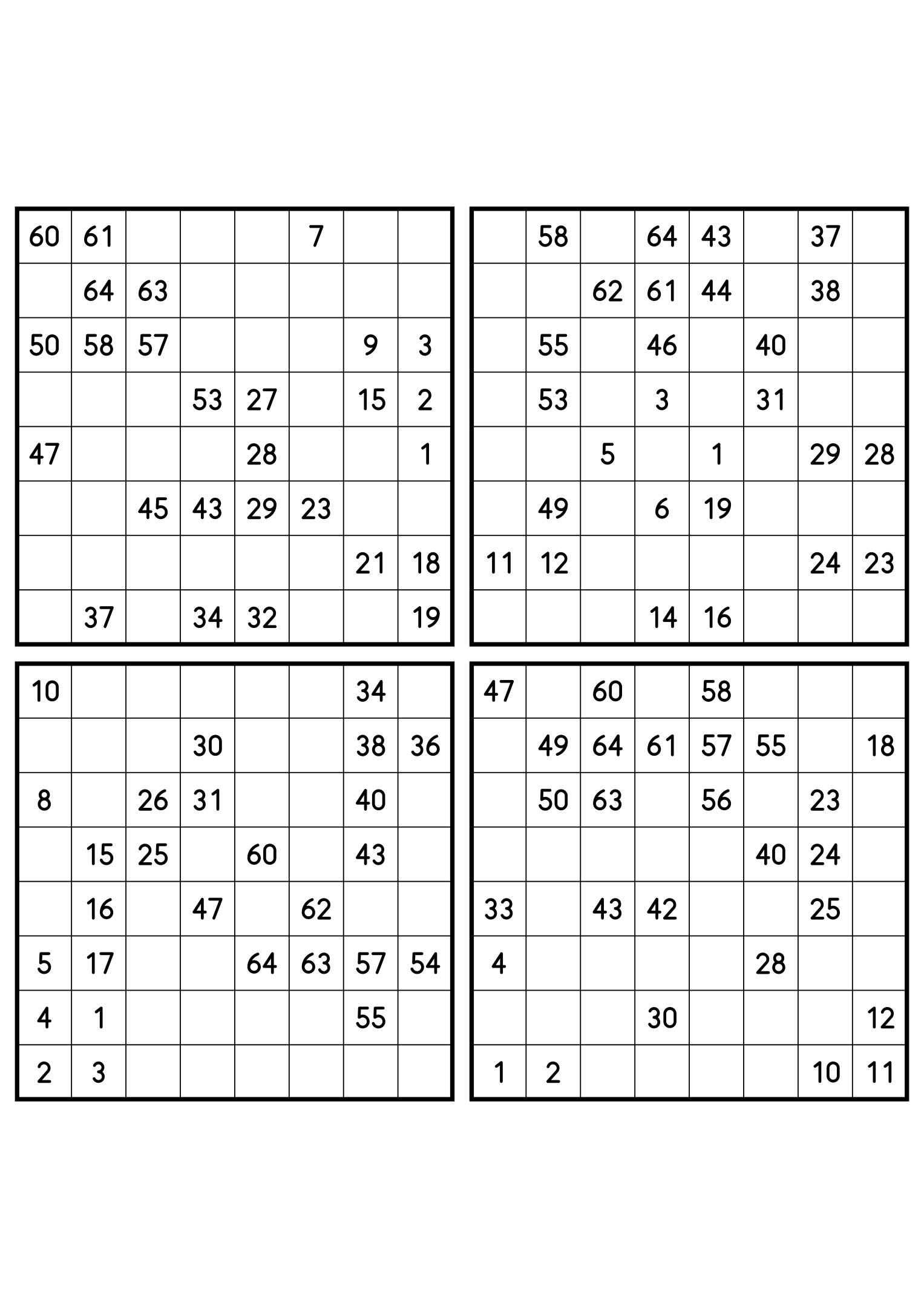 Four medium 8x8 Hidoku grids, 27 numbers given in each. Variant 8.