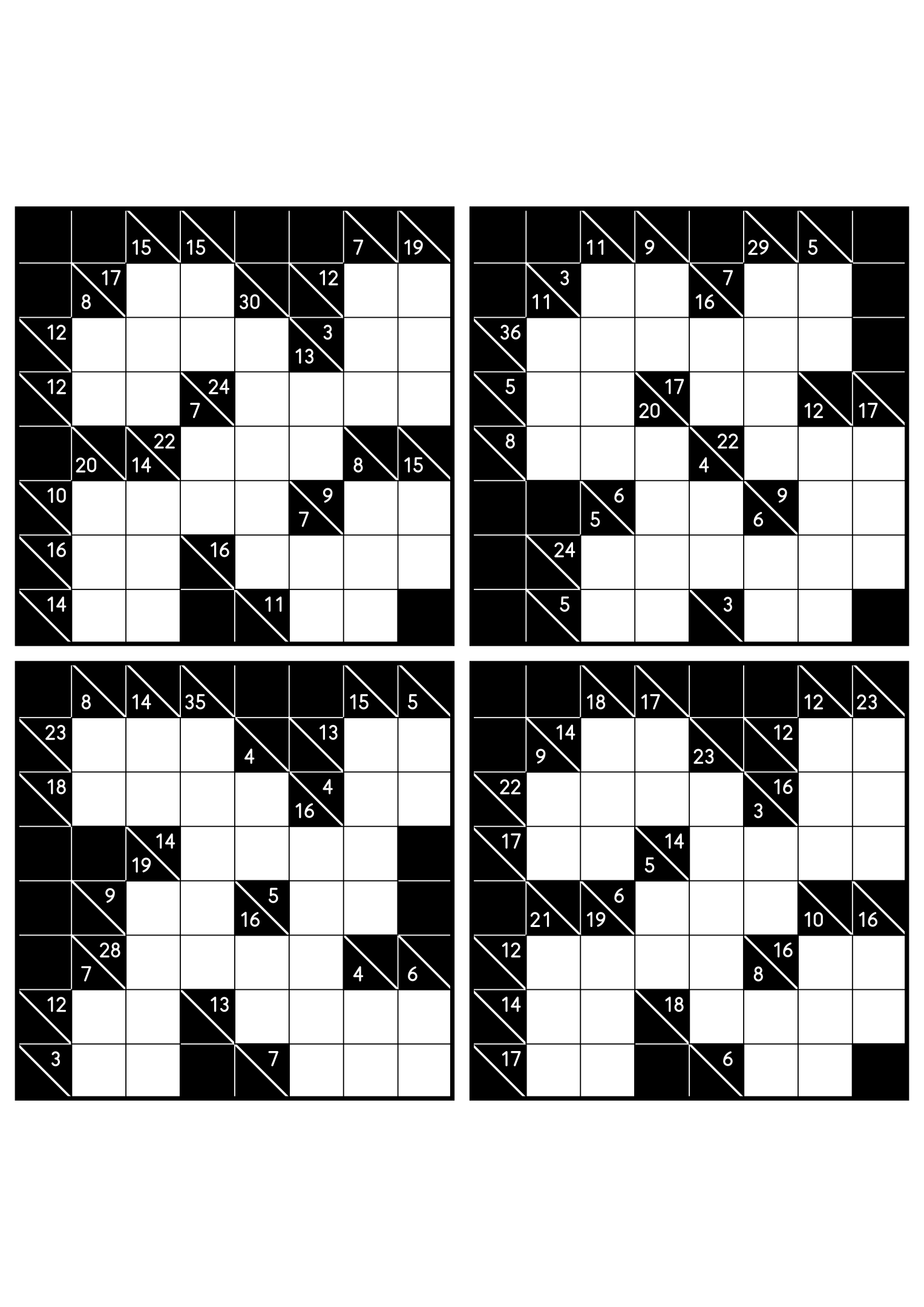 Four medium 8x8 kakuro grids that ask where each digit of a combination can go. Level: Medium, 4 puzzles per page. Variant 1.