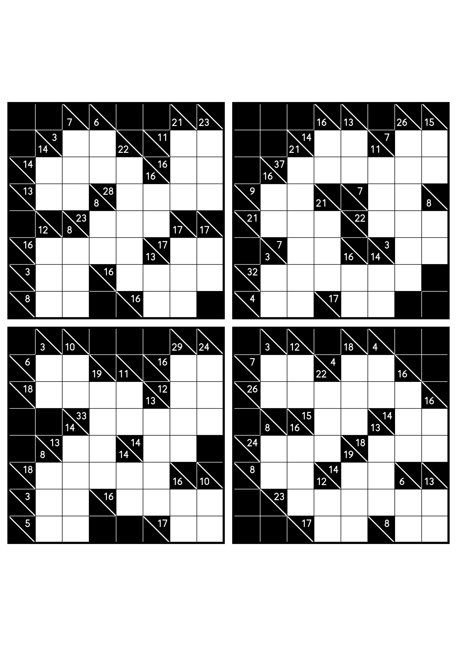 Four medium 8x8 kakuro grids that ask where each digit of a combination can go. Level: Medium, 4 puzzles per page. Variant 2.