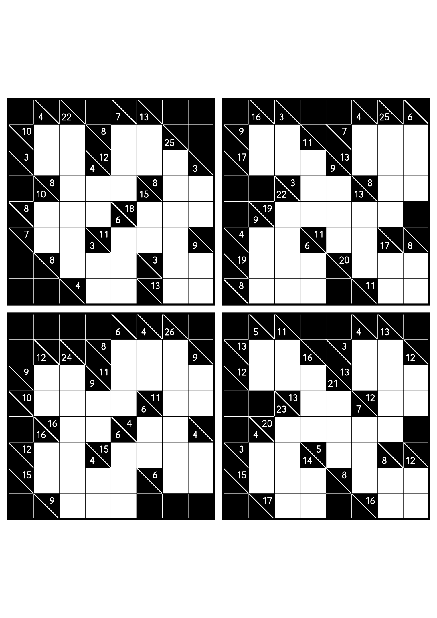 Four medium 8x8 kakuro grids that ask where each digit of a combination can go. Level: Medium, 4 puzzles per page. Variant 3.