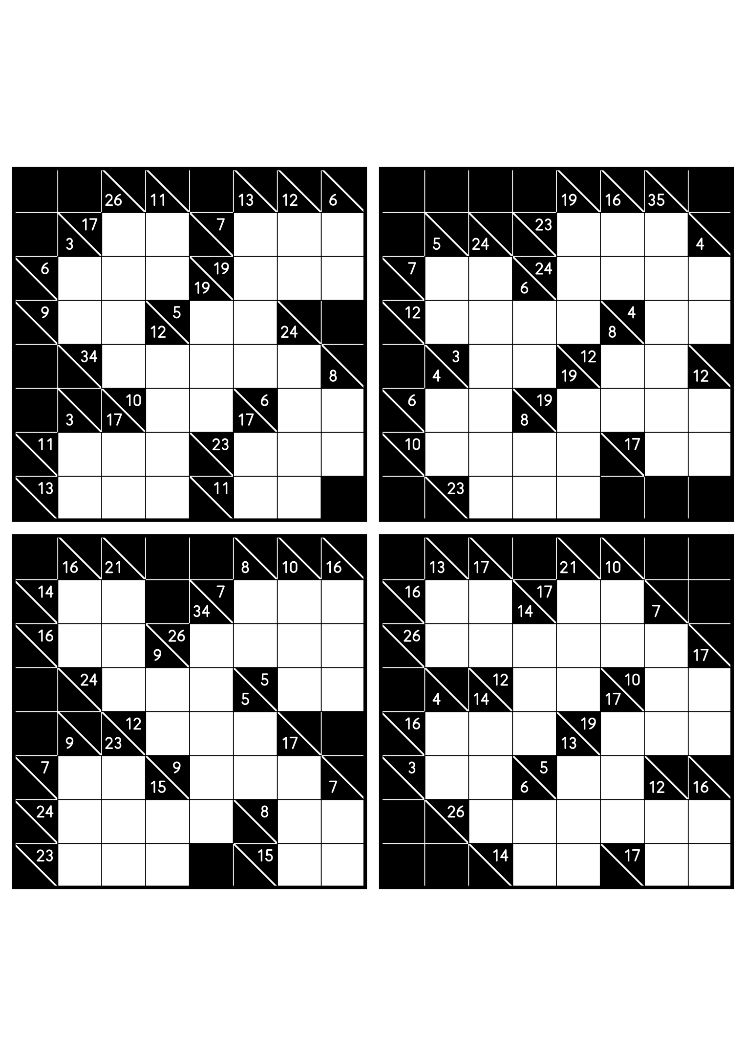 Four medium 8x8 kakuro grids that ask where each digit of a combination can go. Level: Medium, 4 puzzles per page. Variant 4.
