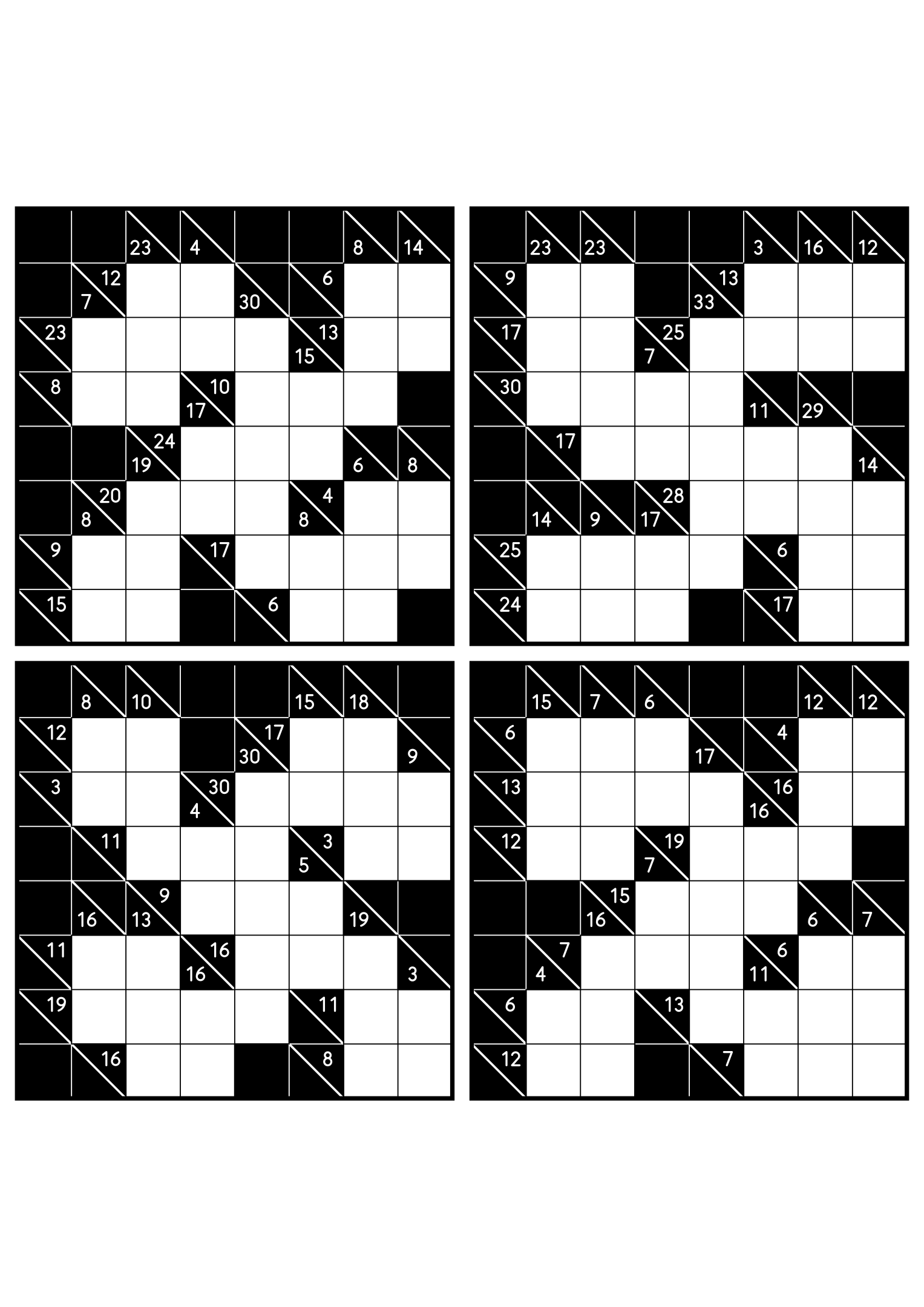 Four medium 8x8 kakuro grids that ask where each digit of a combination can go. Level: Medium, 4 puzzles per page. Variant 5.