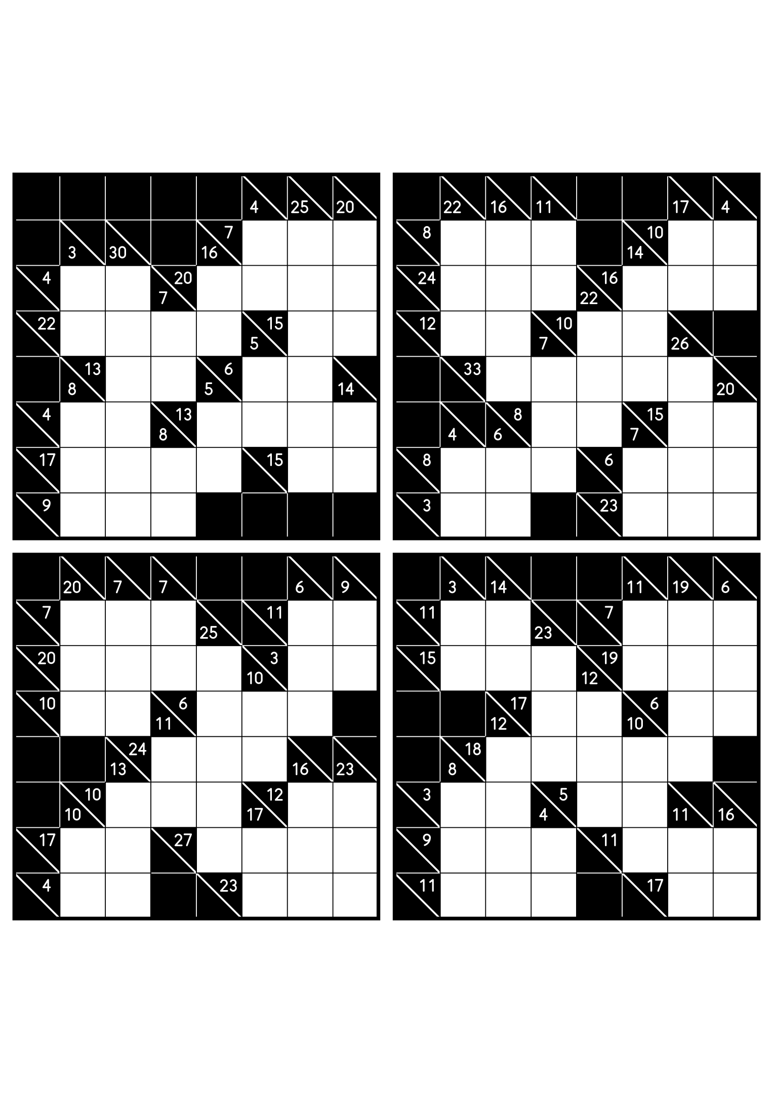 Four medium 8x8 kakuro grids that ask where each digit of a combination can go. Level: Medium, 4 puzzles per page. Variant 6.