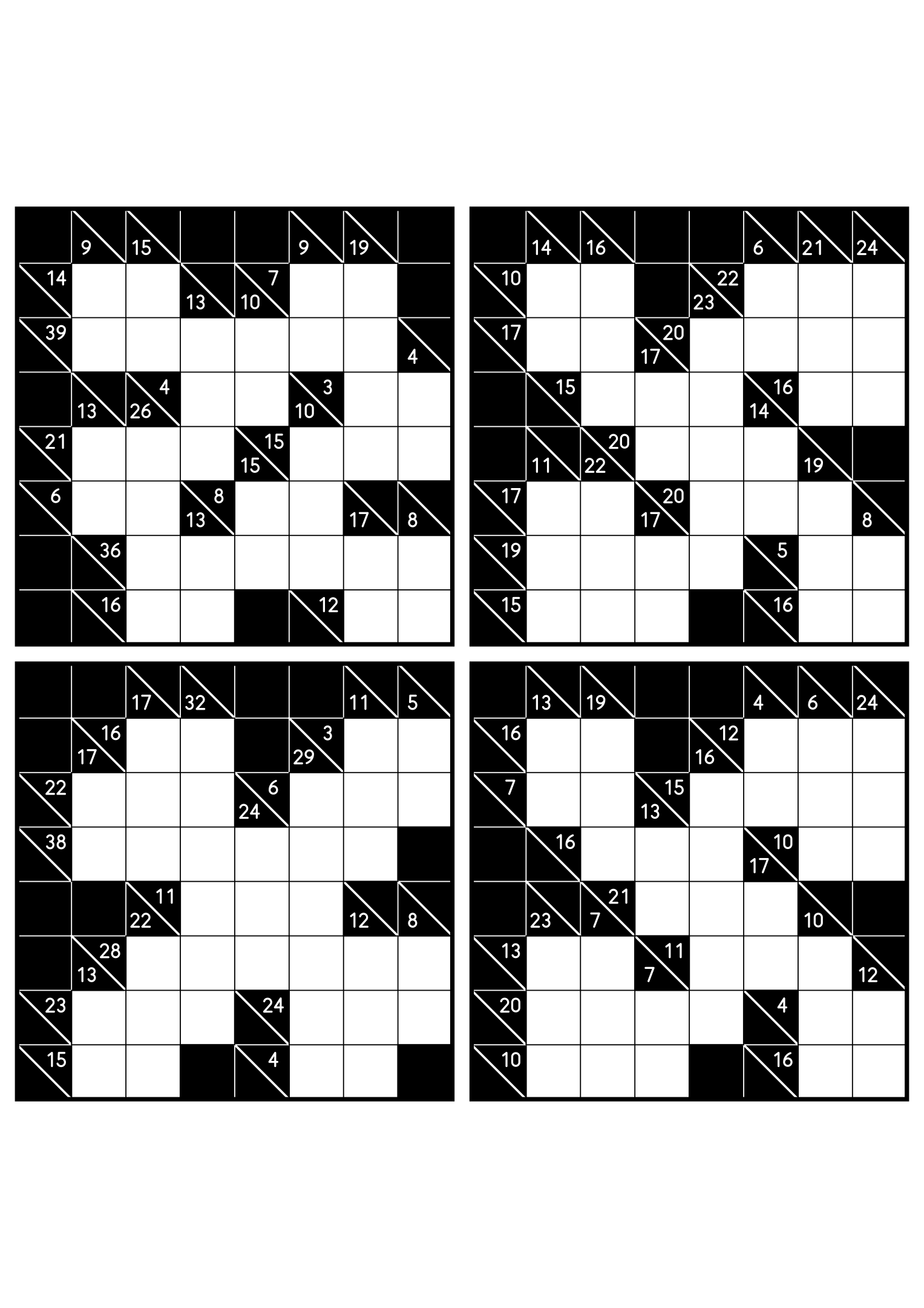 Four medium 8x8 kakuro grids that ask where each digit of a combination can go. Level: Medium, 4 puzzles per page. Variant 7.
