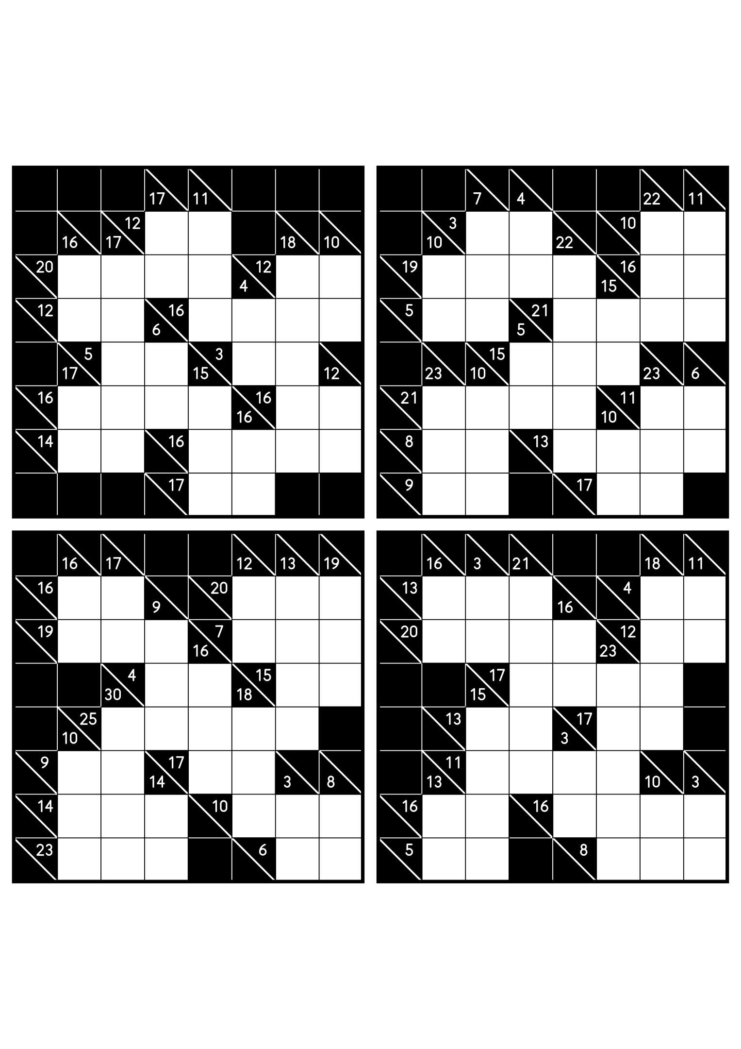Four medium 8x8 kakuro grids that ask where each digit of a combination can go. Level: Medium, 4 puzzles per page. Variant 8.