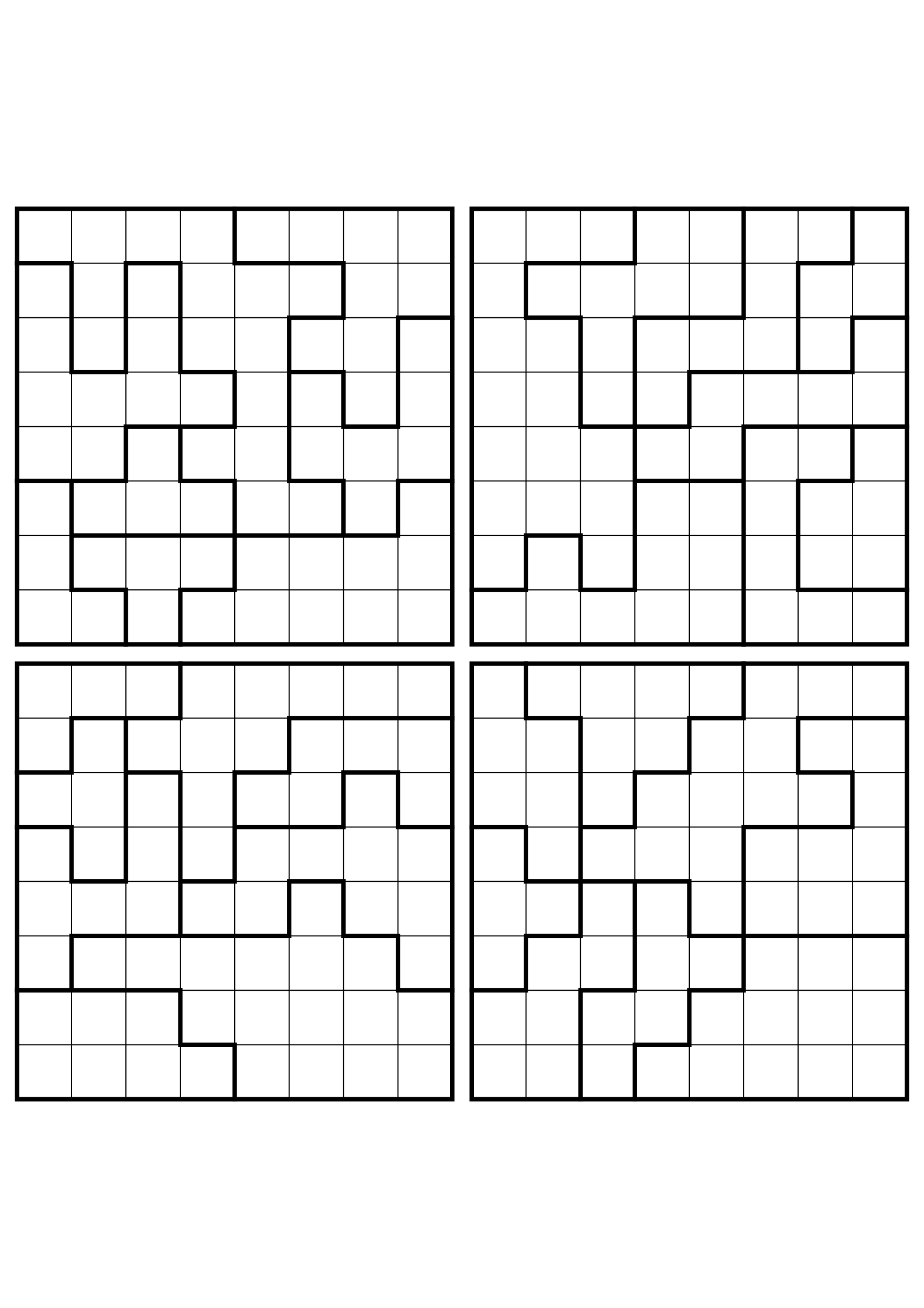Four medium 8x8 star battle grids that need regions read together. Level: Medium, 4 puzzles per page. Variant 1.