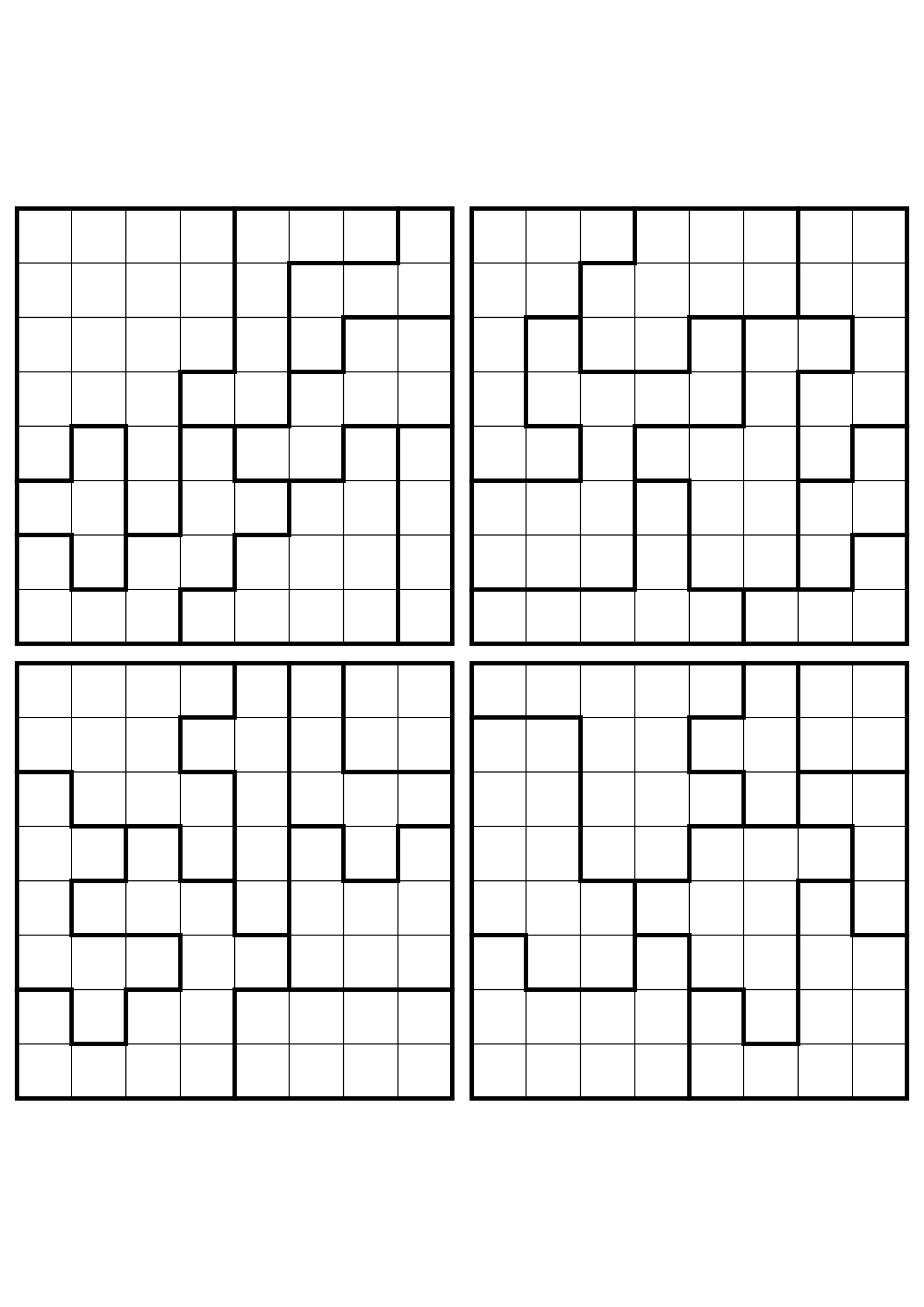 Four medium 8x8 star battle grids that need regions read together. Level: Medium, 4 puzzles per page. Variant 5.