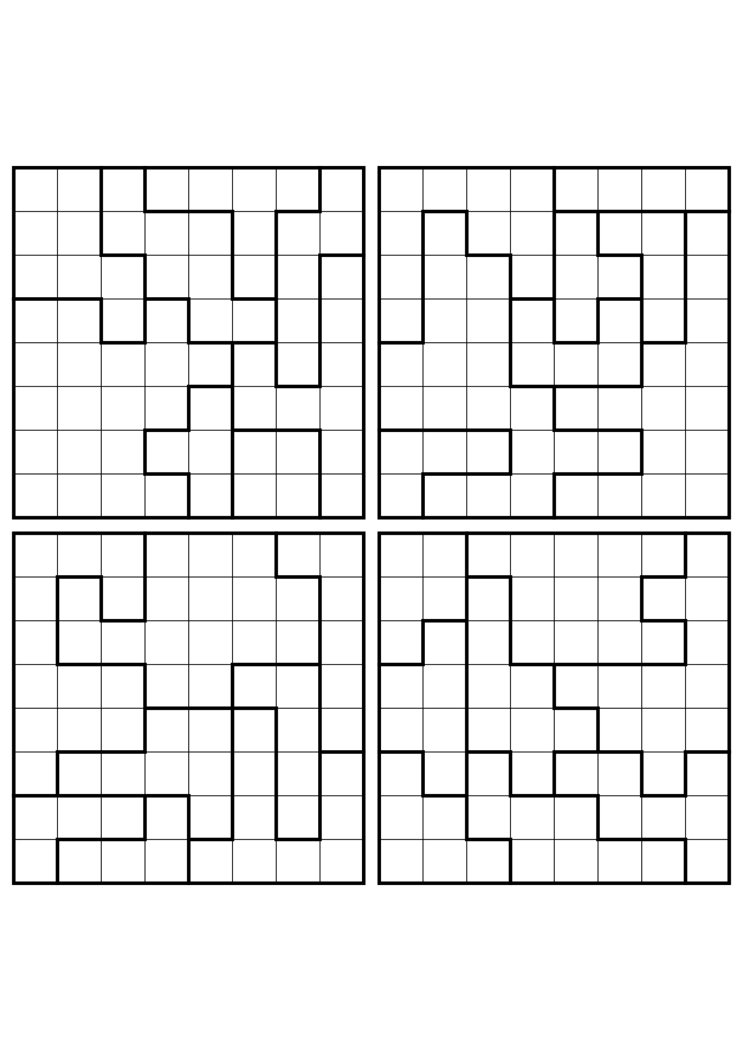 Four medium 8x8 star battle grids that need regions read together. Level: Medium, 4 puzzles per page. Variant 7.
