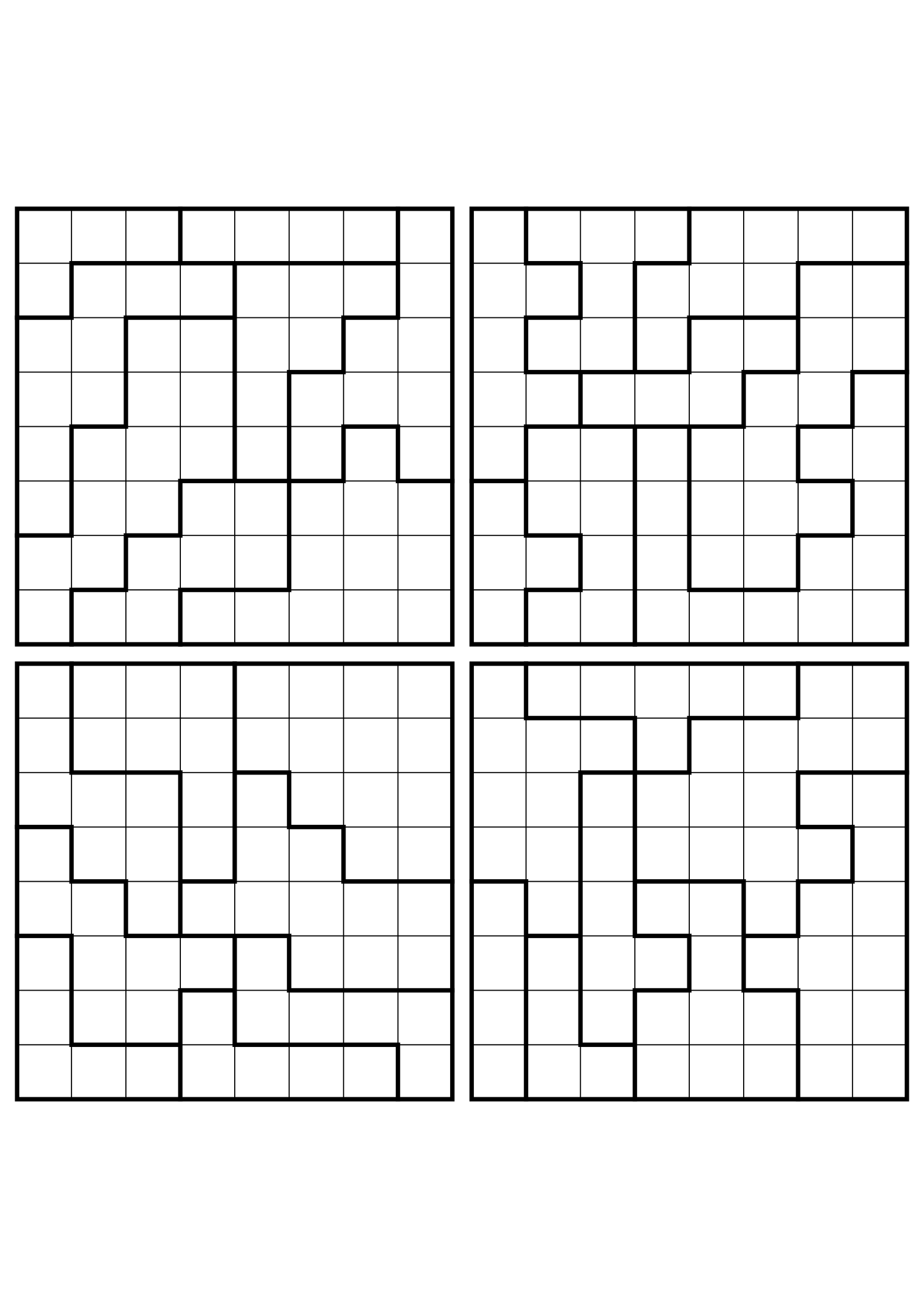 Four medium 8x8 star battle grids that need regions read together. Level: Medium, 4 puzzles per page. Variant 8.