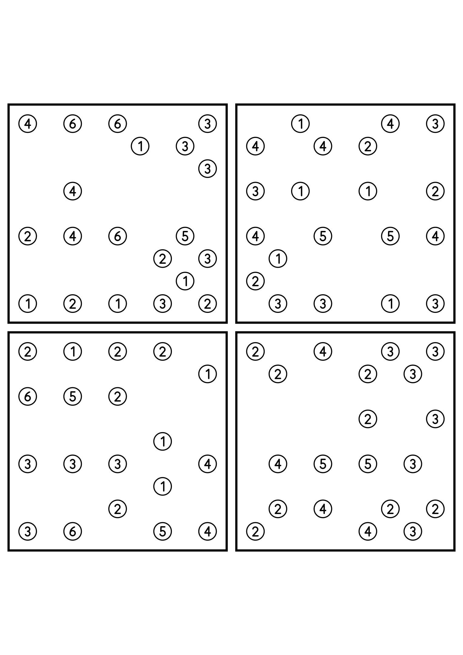 Four medium 9x9 hashi puzzles that need the connection rule. Level: Medium, 4 puzzles per page. Variant 1.