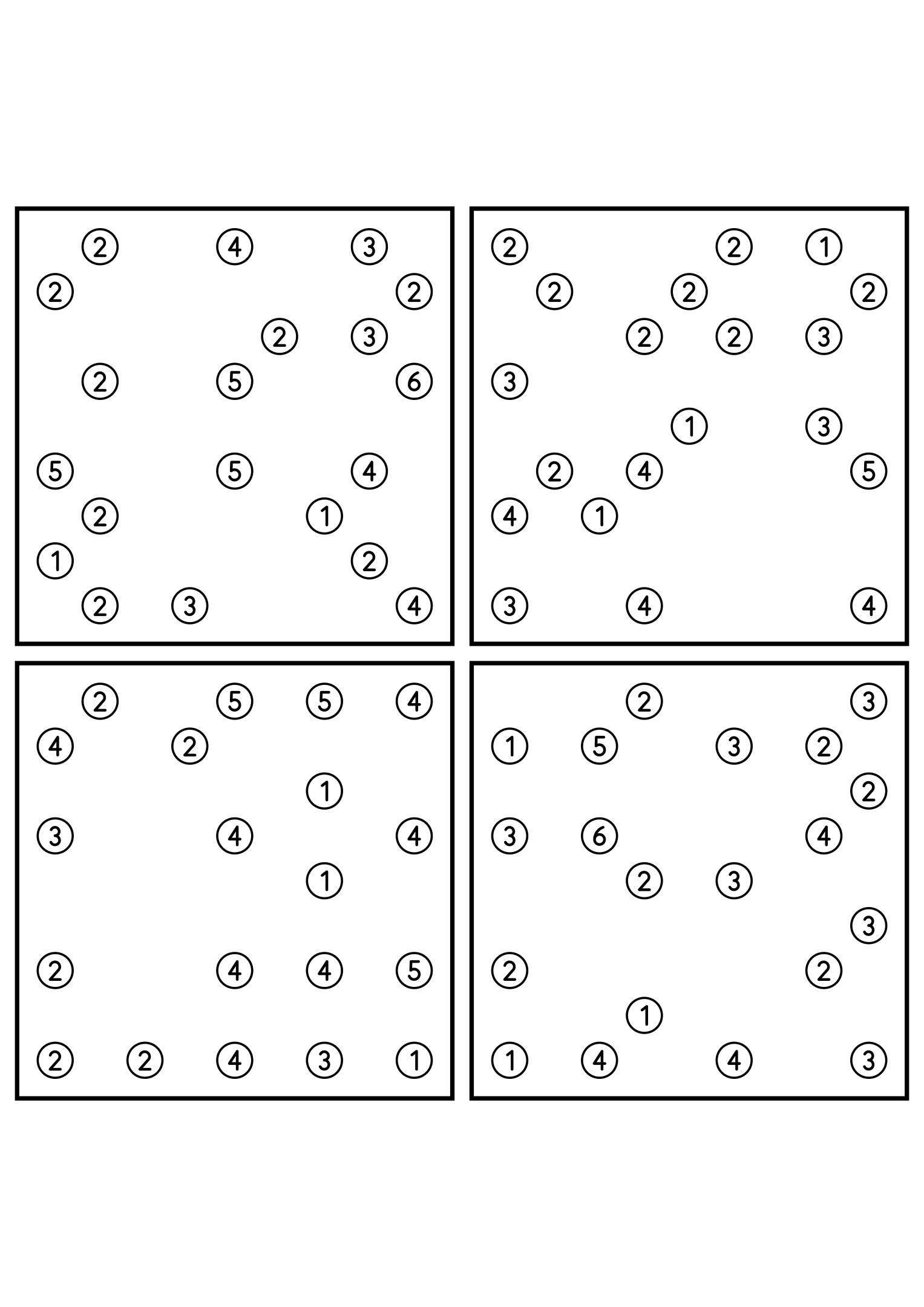 Four medium 9x9 hashi puzzles that need the connection rule. Level: Medium, 4 puzzles per page. Variant 2.