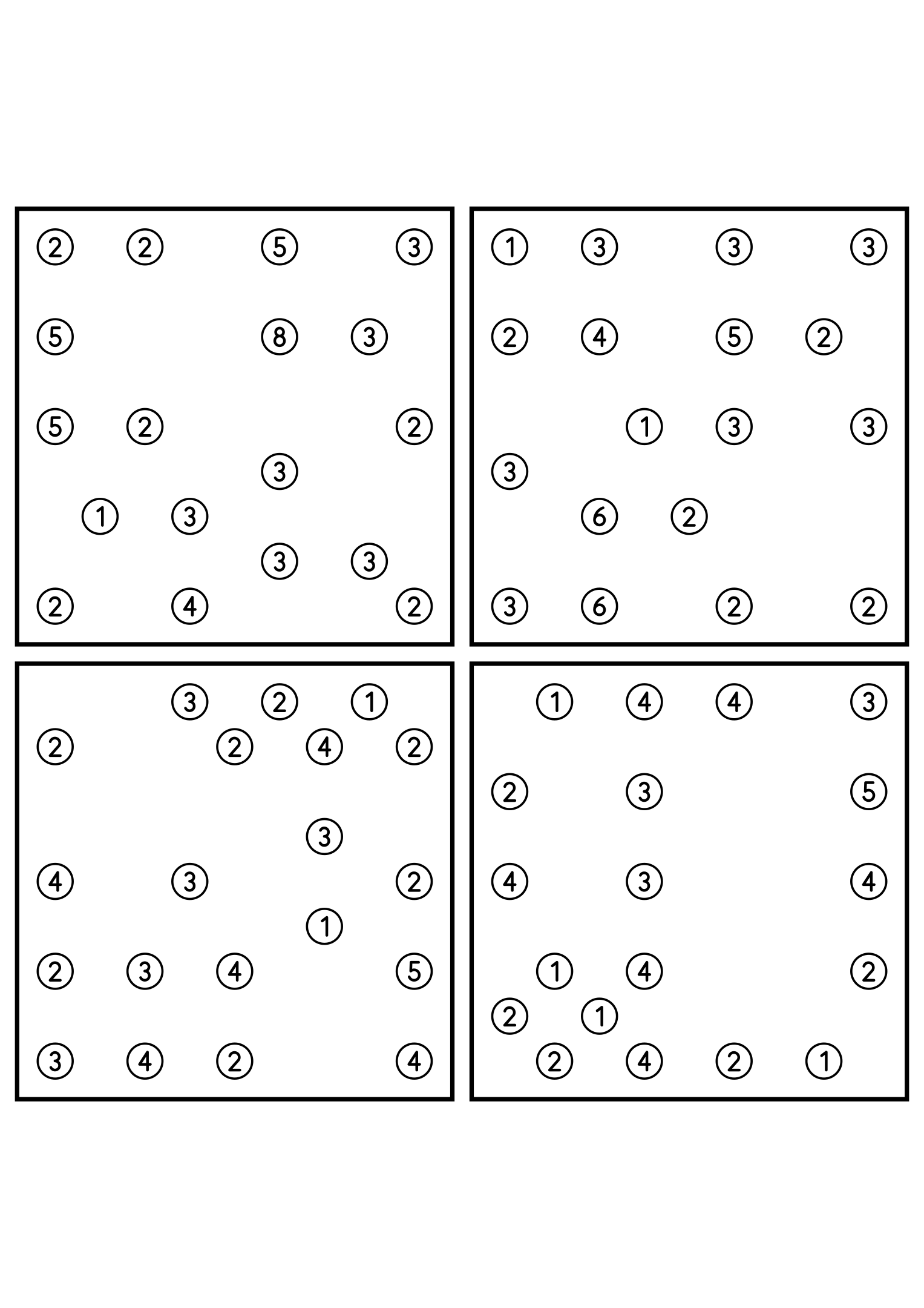 Four medium 9x9 hashi puzzles that need the connection rule. Level: Medium, 4 puzzles per page. Variant 3.