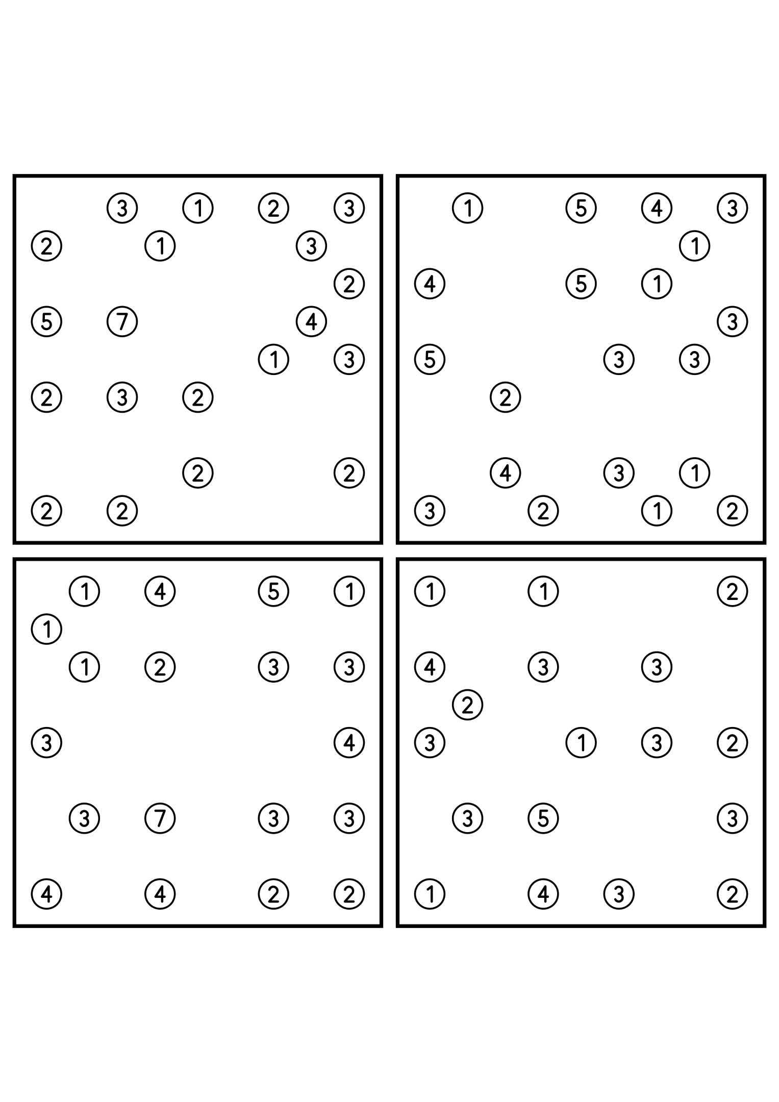 Four medium 9x9 hashi puzzles that need the connection rule. Level: Medium, 4 puzzles per page. Variant 4.