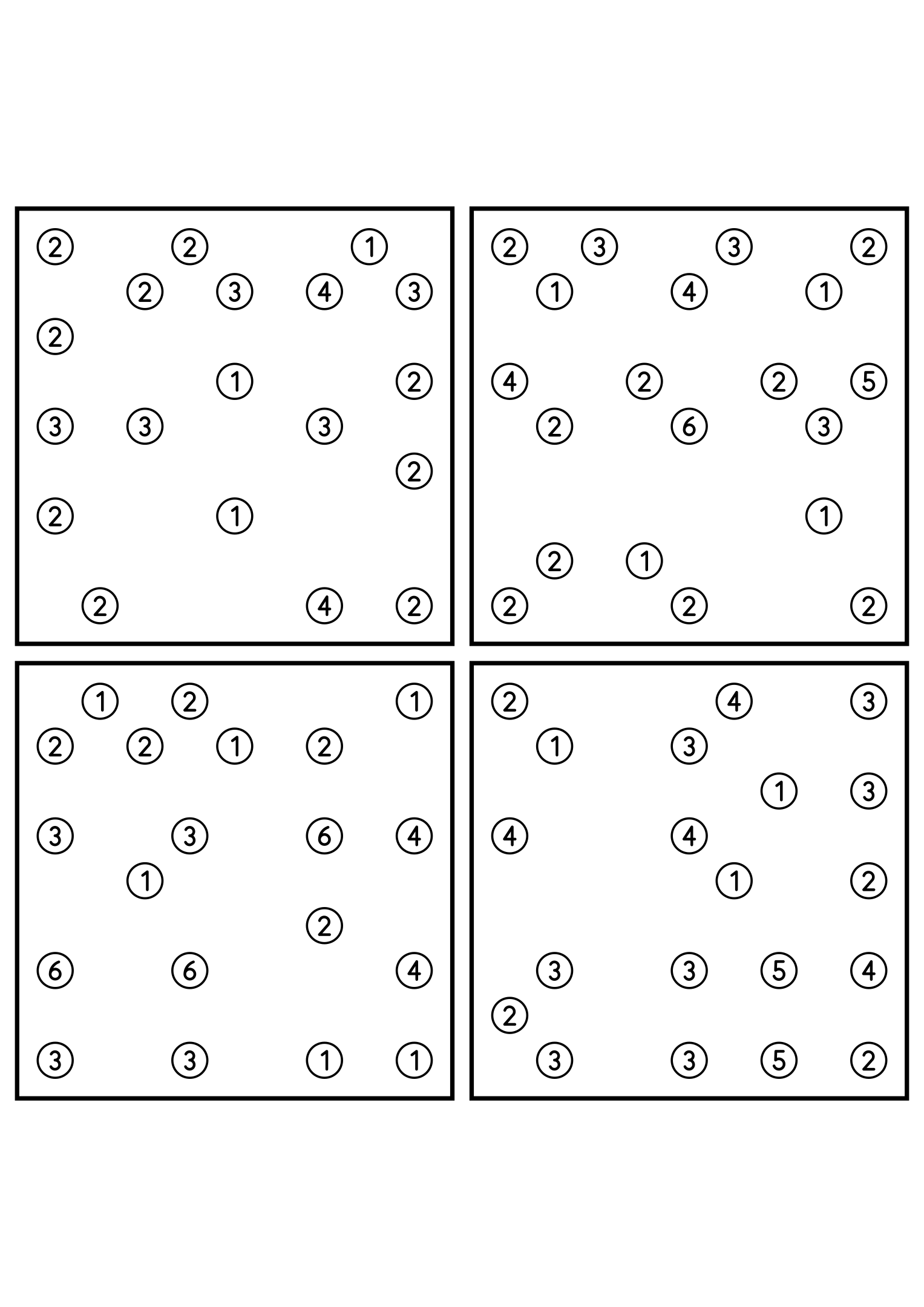 Four medium 9x9 hashi puzzles that need the connection rule. Level: Medium, 4 puzzles per page. Variant 5.