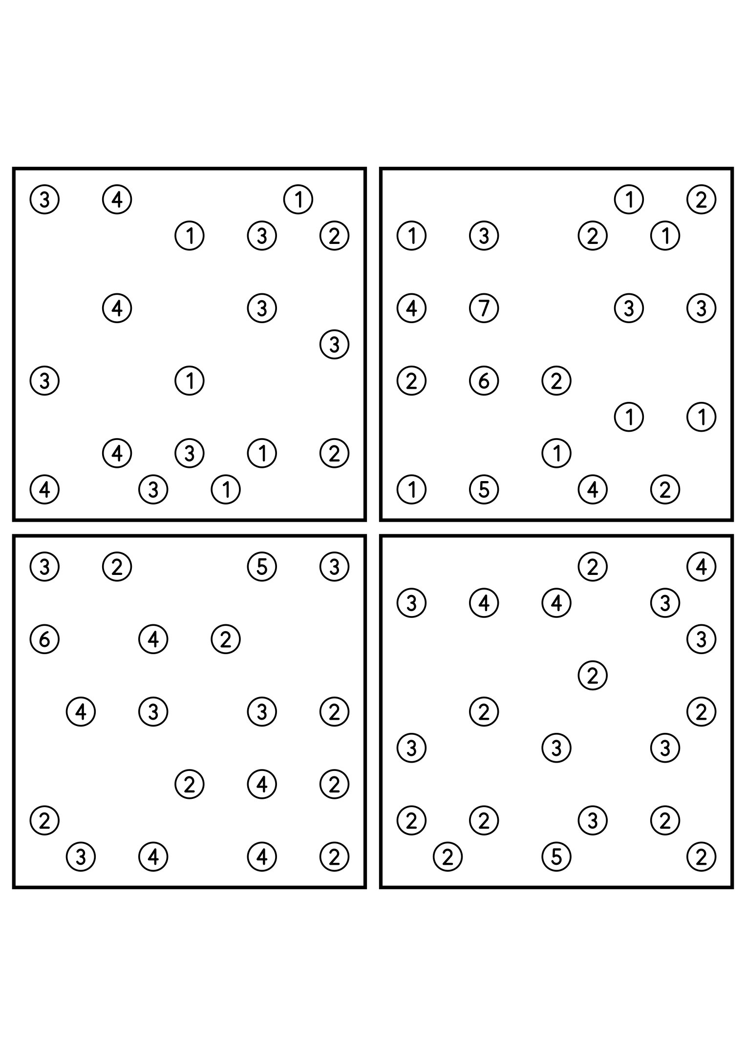 Four medium 9x9 hashi puzzles that need the connection rule. Level: Medium, 4 puzzles per page. Variant 6.