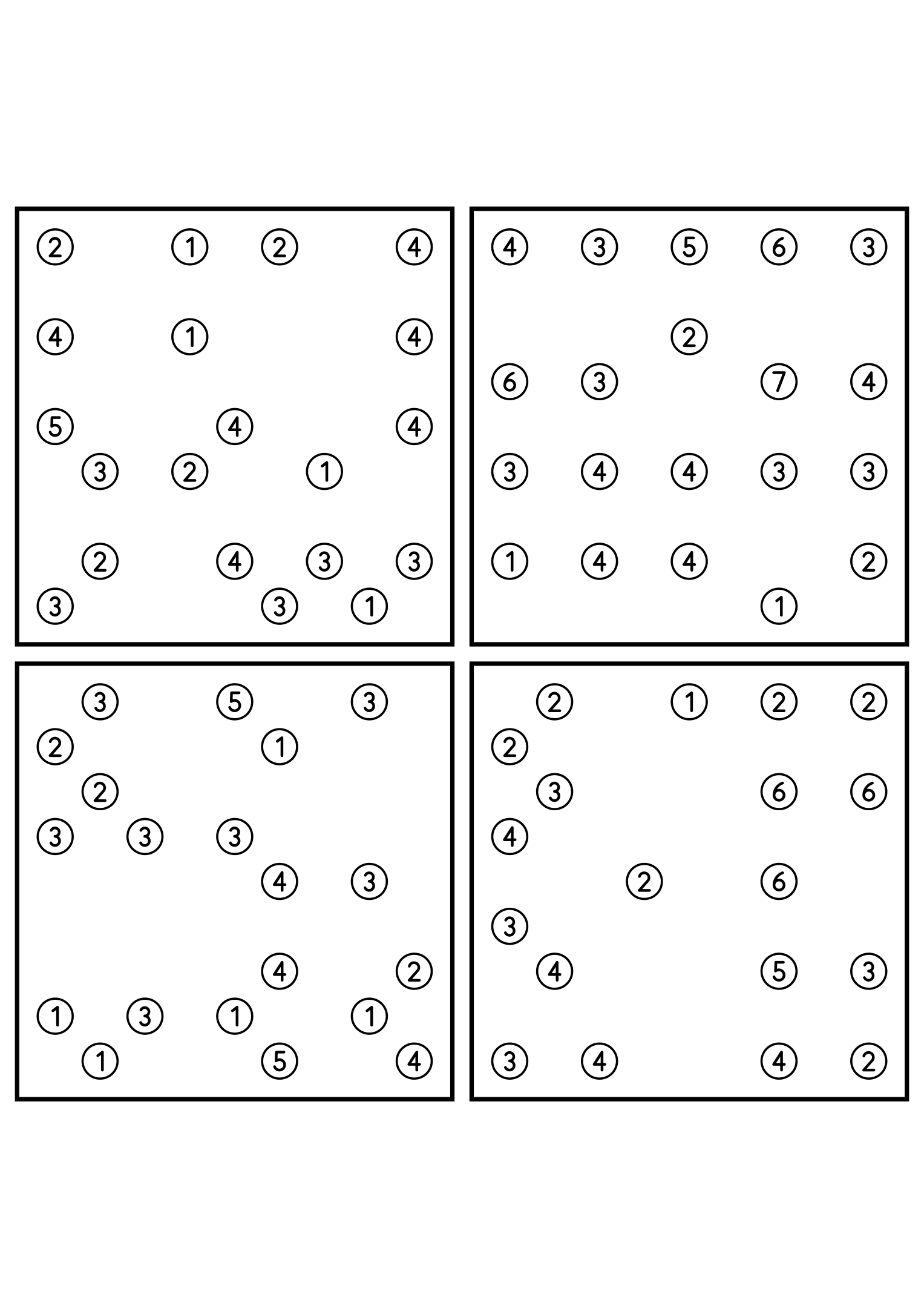 Four medium 9x9 hashi puzzles that need the connection rule. Level: Medium, 4 puzzles per page. Variant 7.
