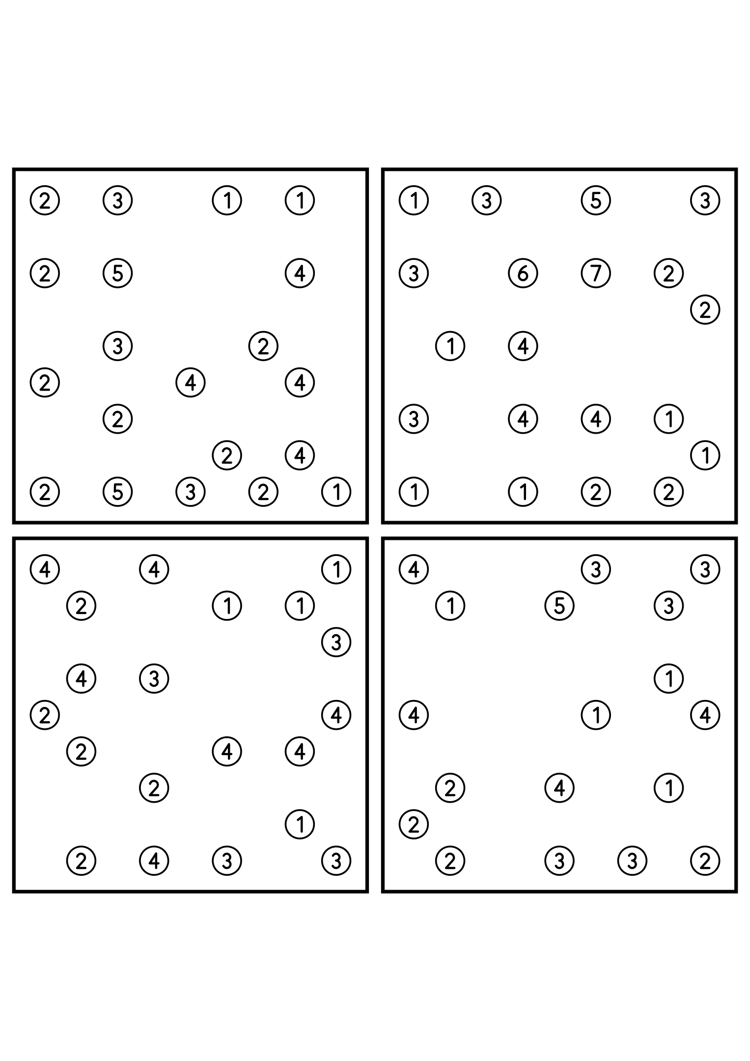 Four medium 9x9 hashi puzzles that need the connection rule. Level: Medium, 4 puzzles per page. Variant 8.
