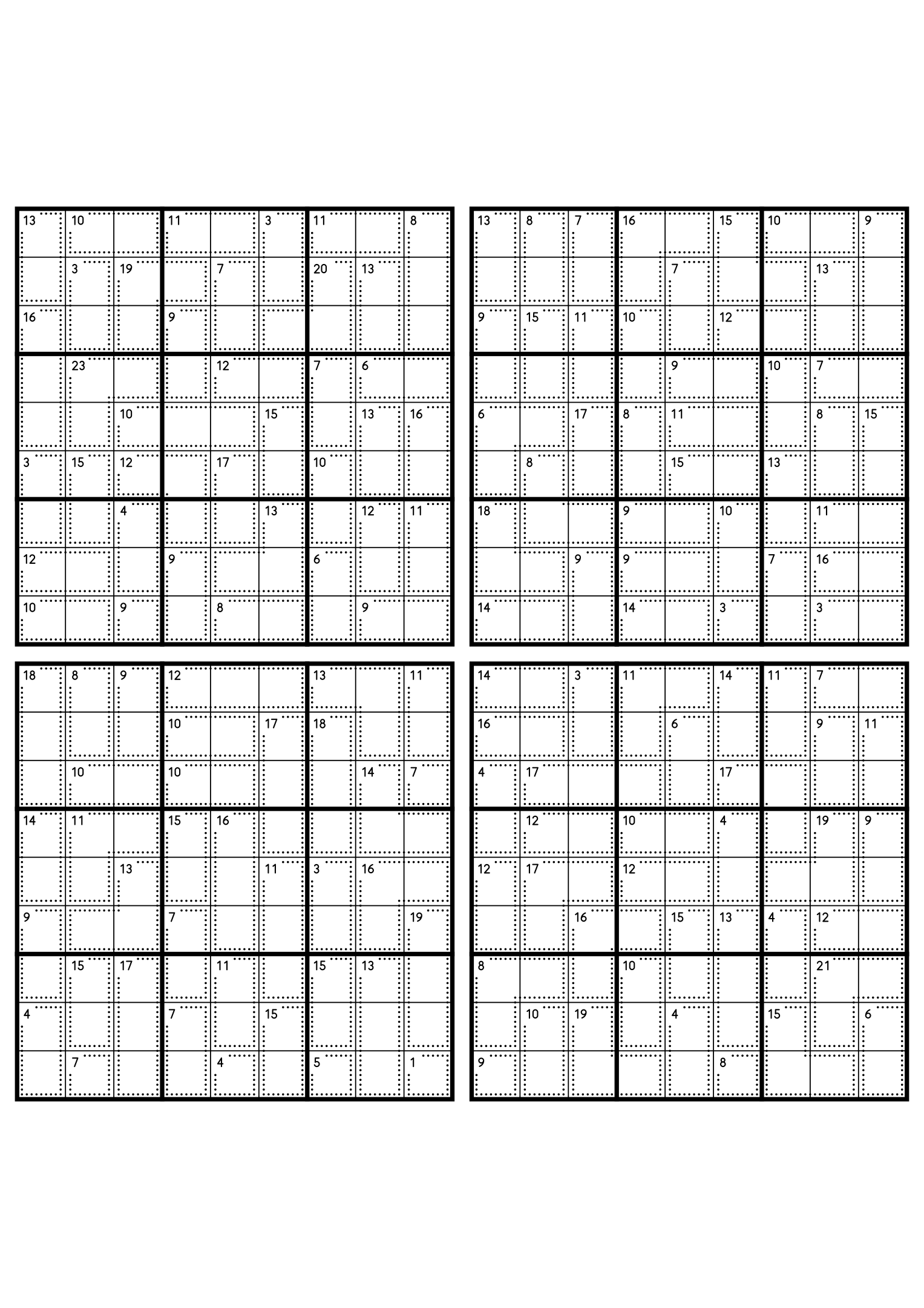 Four medium 9x9 killer sudoku grids with no given digit, only dotted cages and their sums. Level: Medium, 4 puzzles per page. Variant 1.
