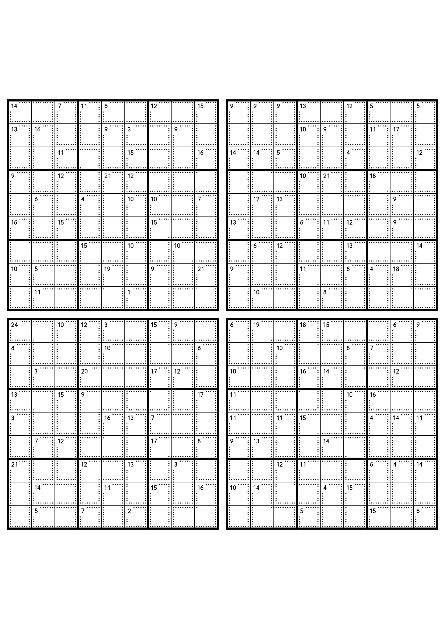 Four medium 9x9 killer sudoku grids with no given digit, only dotted cages and their sums. Level: Medium, 4 puzzles per page. Variant 2.