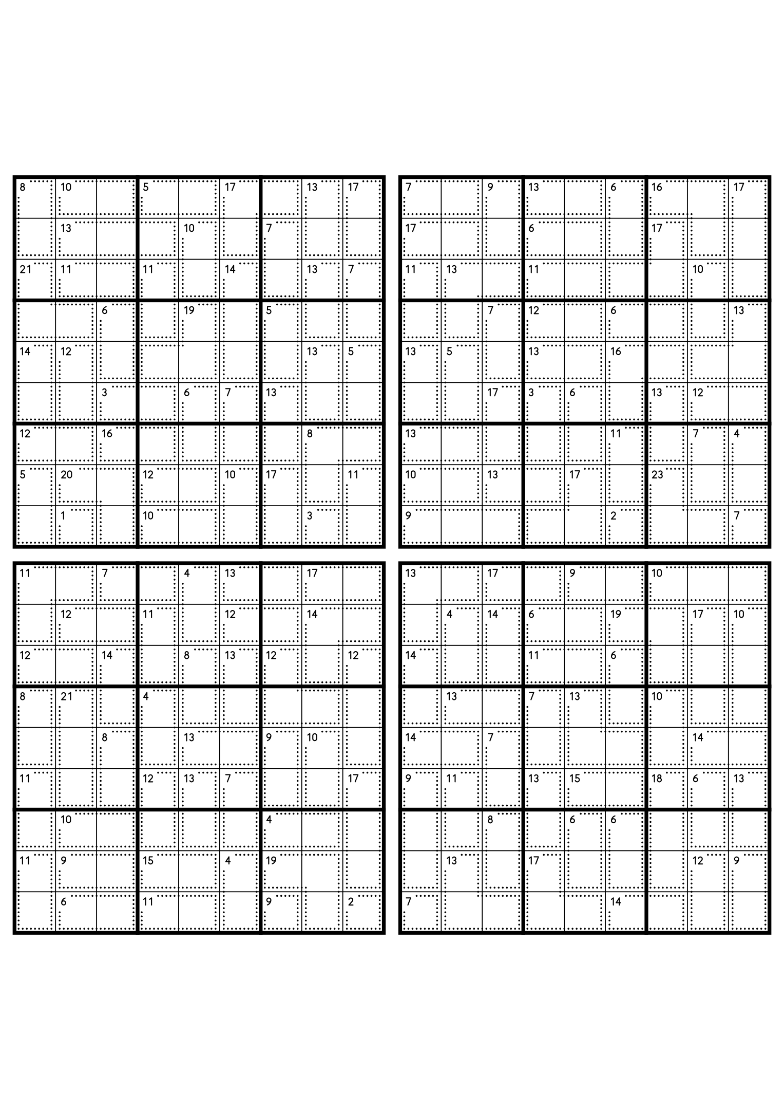 Four medium 9x9 killer sudoku grids with no given digit, only dotted cages and their sums. Level: Medium, 4 puzzles per page. Variant 3.