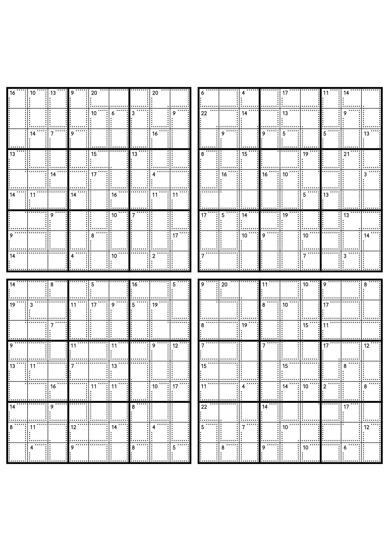 Four medium 9x9 killer sudoku grids with no given digit, only dotted cages and their sums. Level: Medium, 4 puzzles per page. Variant 4.
