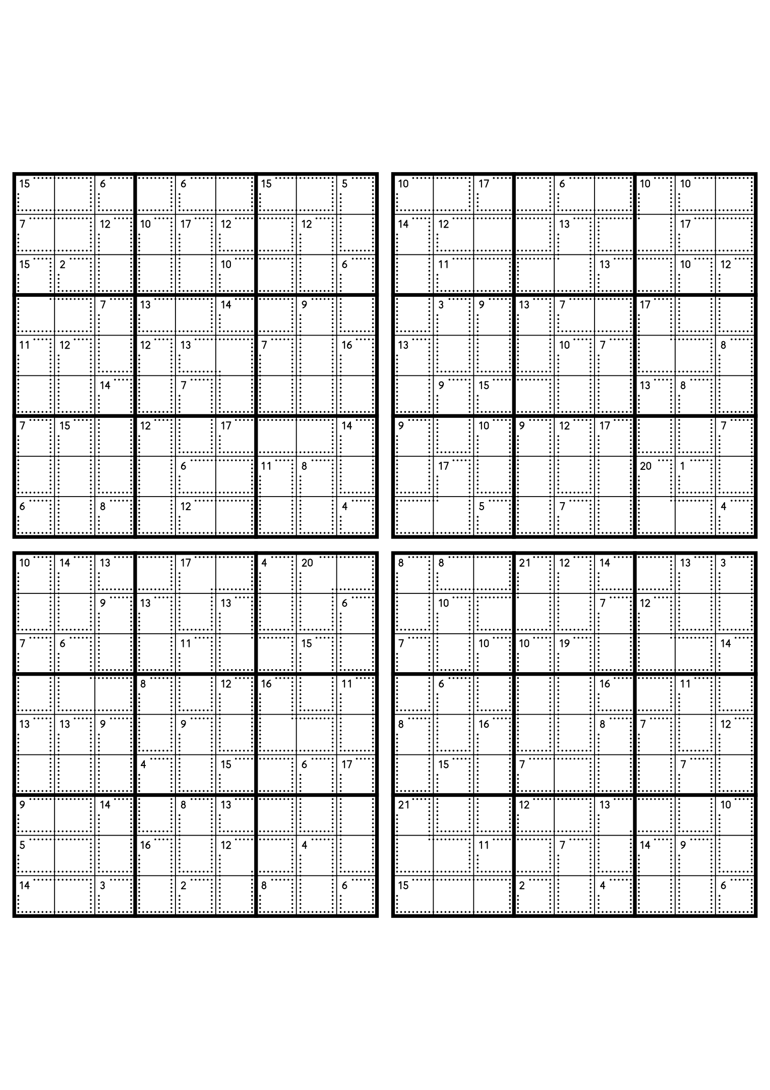 Four medium 9x9 killer sudoku grids with no given digit, only dotted cages and their sums. Level: Medium, 4 puzzles per page. Variant 5.
