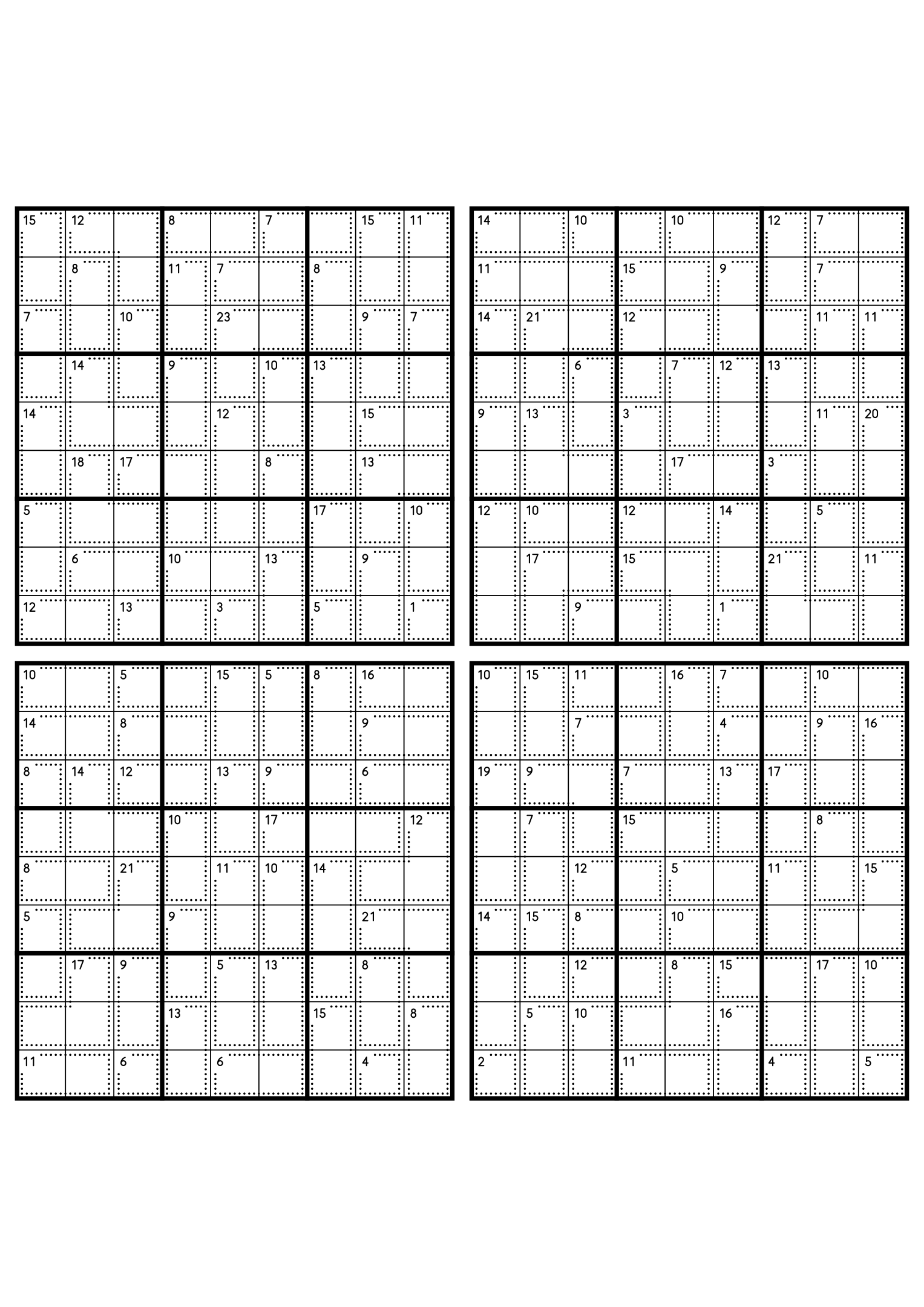 Four medium 9x9 killer sudoku grids with no given digit, only dotted cages and their sums. Level: Medium, 4 puzzles per page. Variant 6.